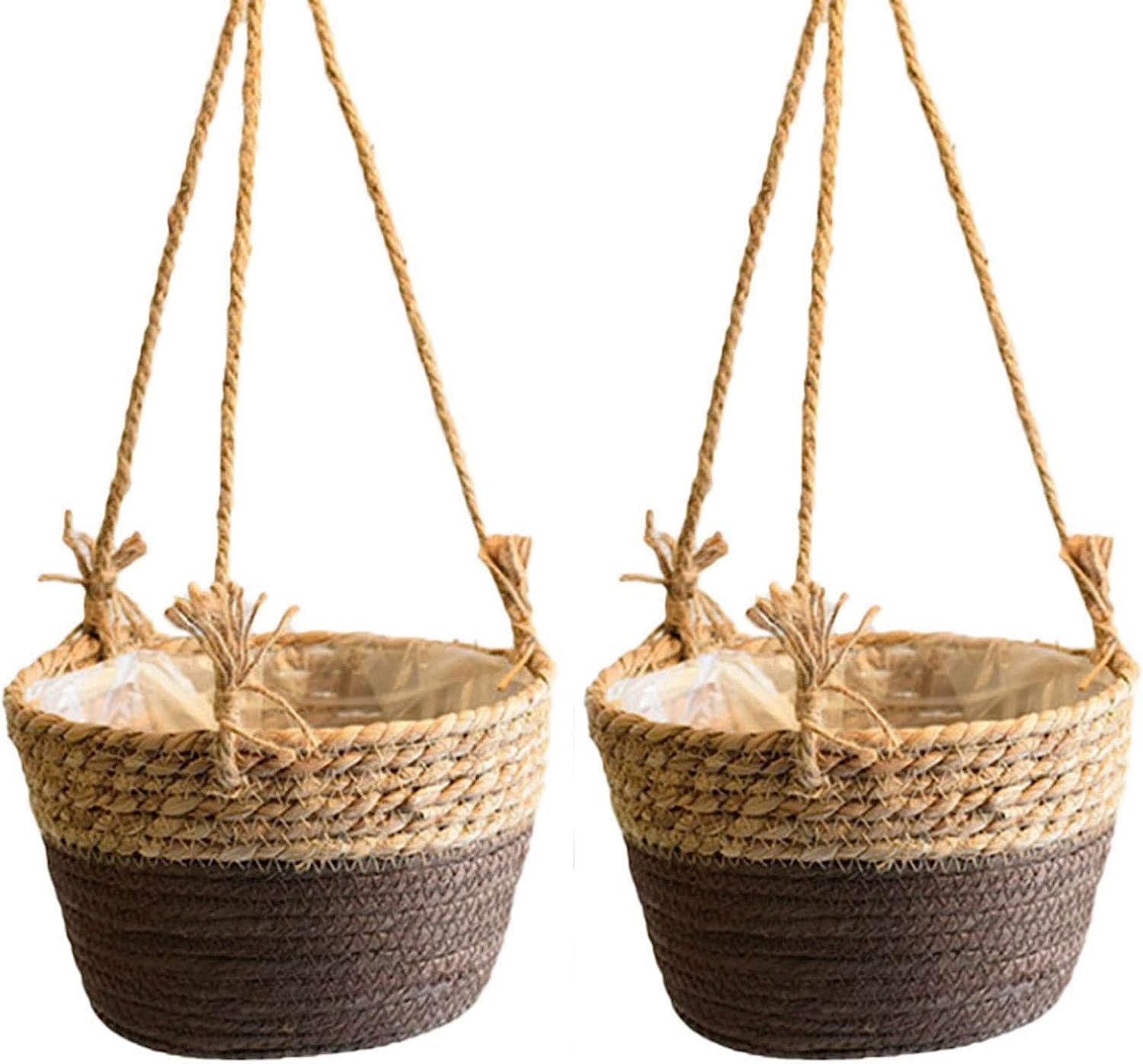 Flueyer 2 Pack Jute Rope Hanging Planter Basket, Rattan Woven Plant Hanger with Plastic Liner Macrame Plant Holder Storage Organizer for Plants Indoor Outdoor