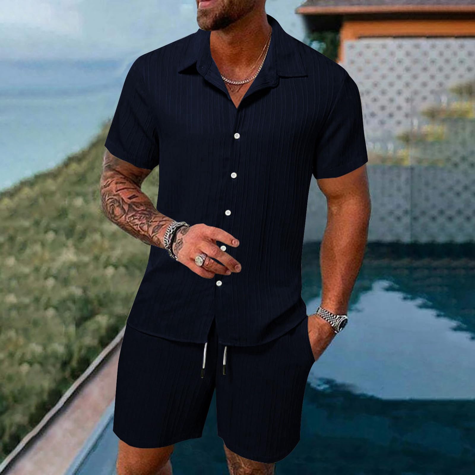 Sommer Outfit Herren Kurze Hosen und Hawaii Hemd Baggy Freizeitanzug Kurzarm Freizeithemd und Shorts 2 Teiler Leinenhose Strandhemd für Männer Casual Sommer Anzug Herren Zweiteiliges Set