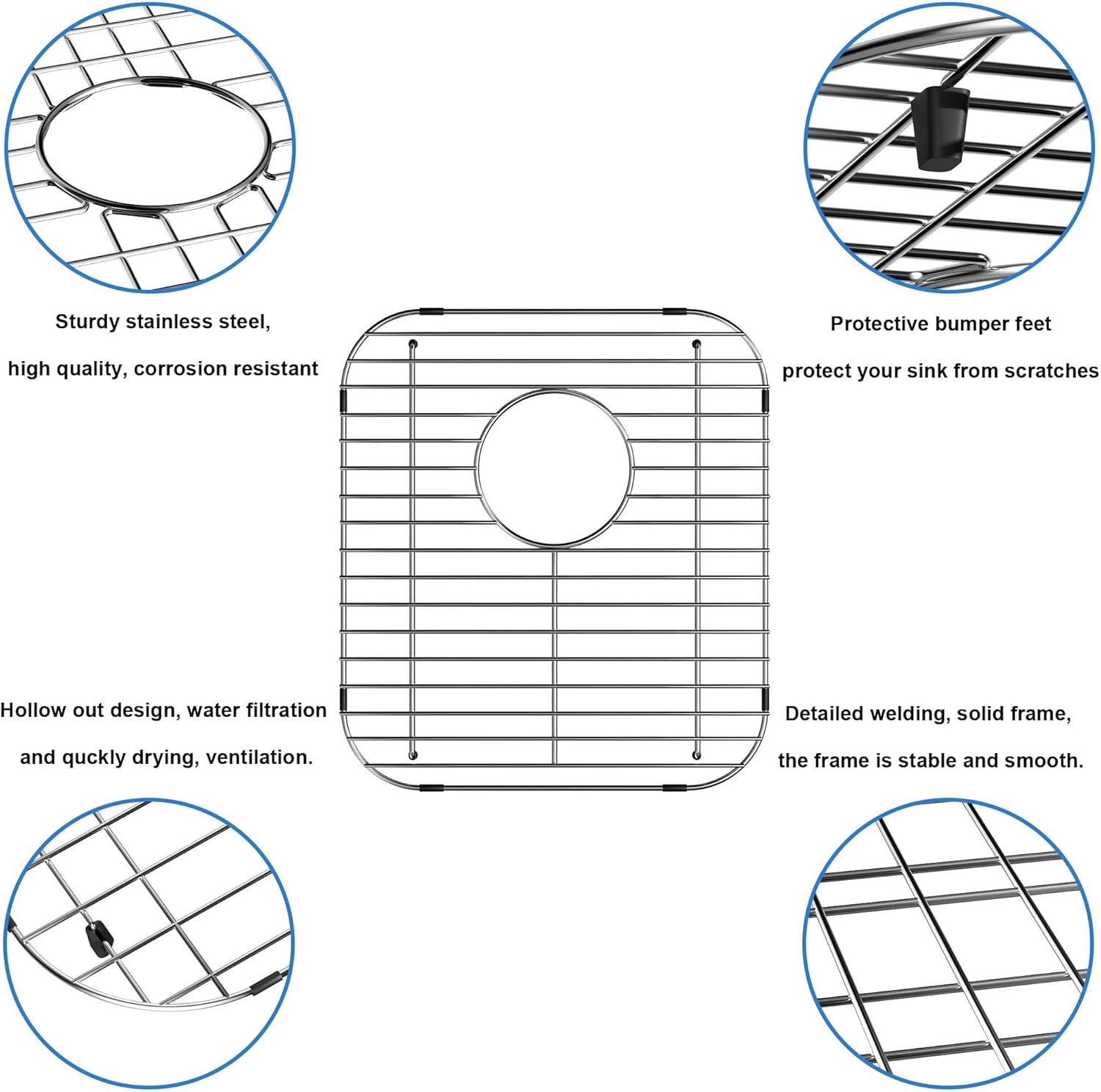Sink Bottom Grid Protector 13.2"L X 11.6"W, Stainless Steel Sink Grate for Kitchen, Universal Metal Sink Drying Rack with Rear Drain for Double Bowl Sink, 2PCS