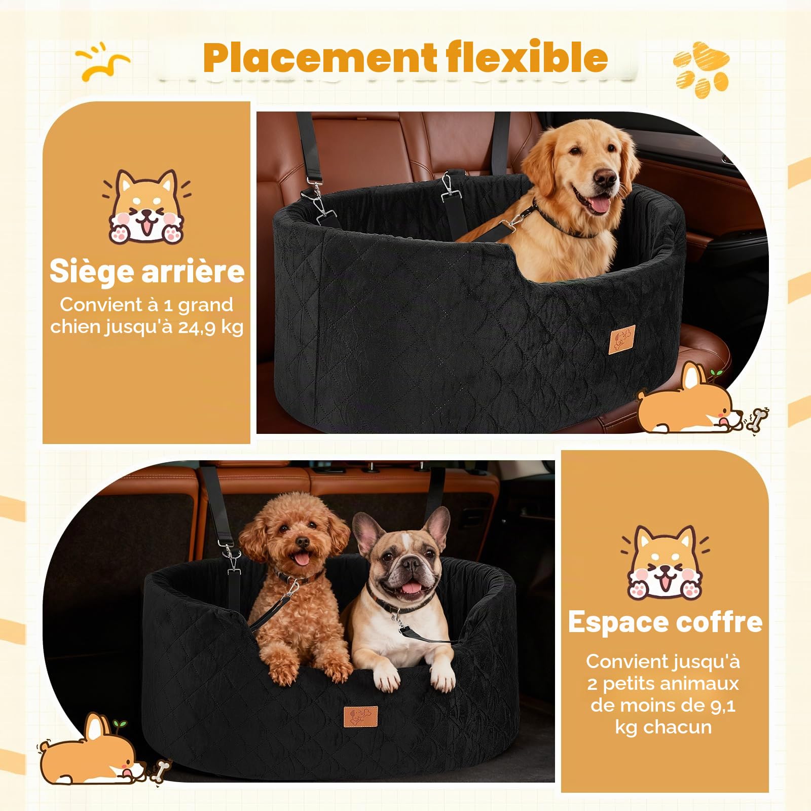 Siège Auto pour Chien 78x52x36CM, Panier Chien Voiture avec Siège Amovible, Corde de Sécurité & Base Antidérapante et Housse Amovible, Siège Auto pour Grands Chiens Lourds (Rond)