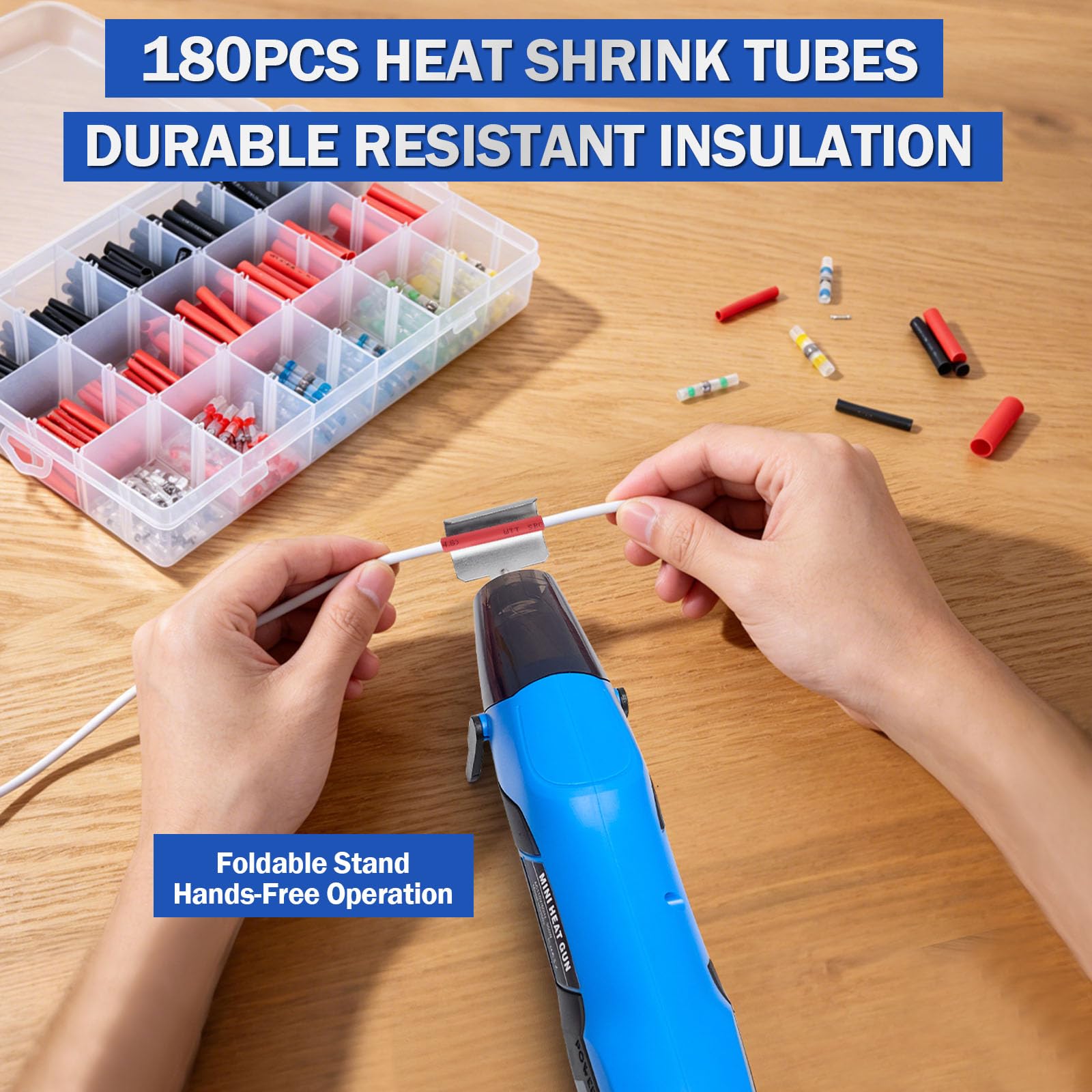 Mini kit de pistola de calor con 300 conectores de alambre termorretráctiles, conectores de alambre termorretráctiles impermeables, funda termorretráctil de 26-10 AWG para automoción, marina