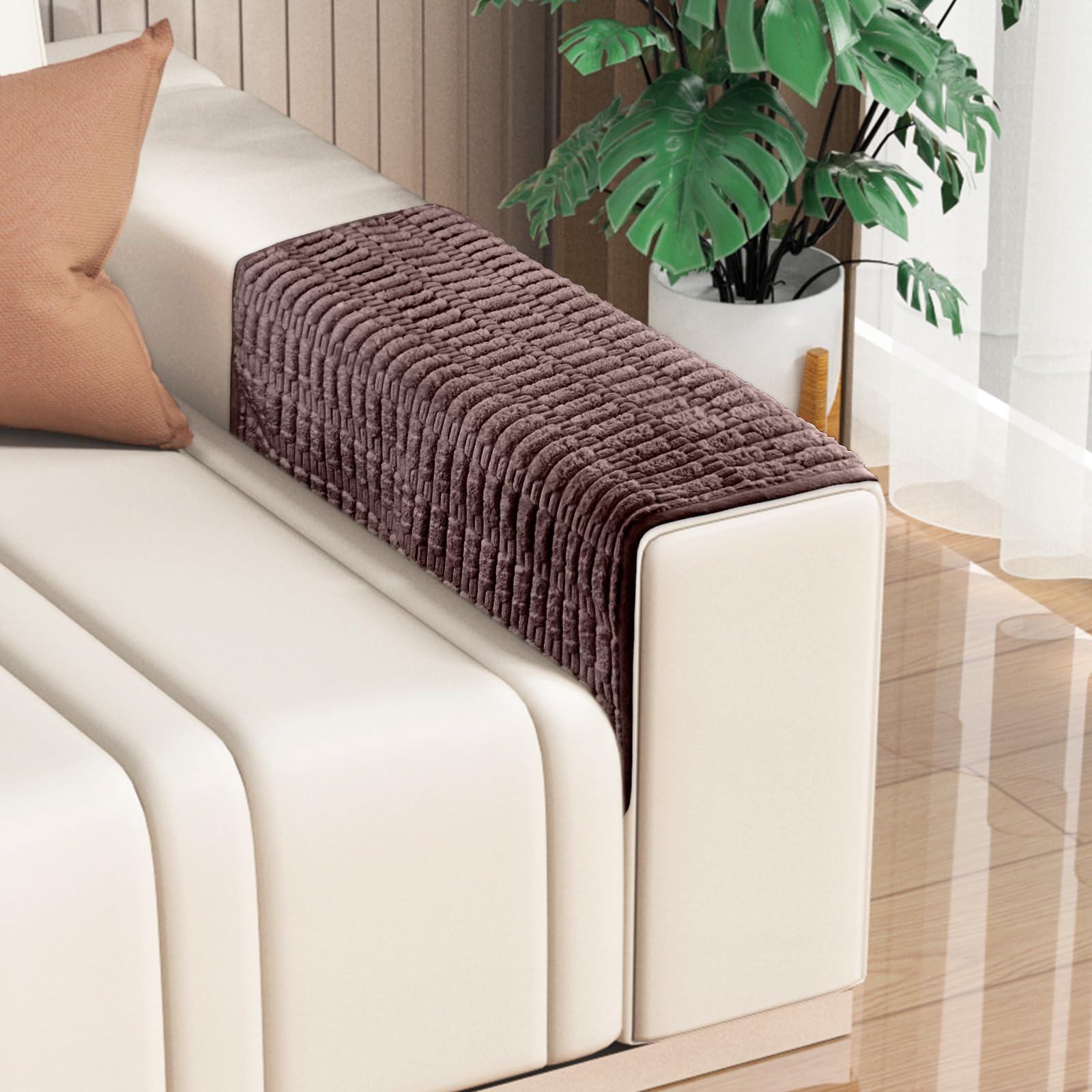 Sofa Armrest Cover, 2pcs Anti-Slip Couch Arm Protectors, Embossed Chenille Fabric Stretch Couch Arm Cover, Washable Pet Dog Couch Covers for Office, Leather Sofa, Recliner and Chairs(Brown, 46x66cm) — image 1