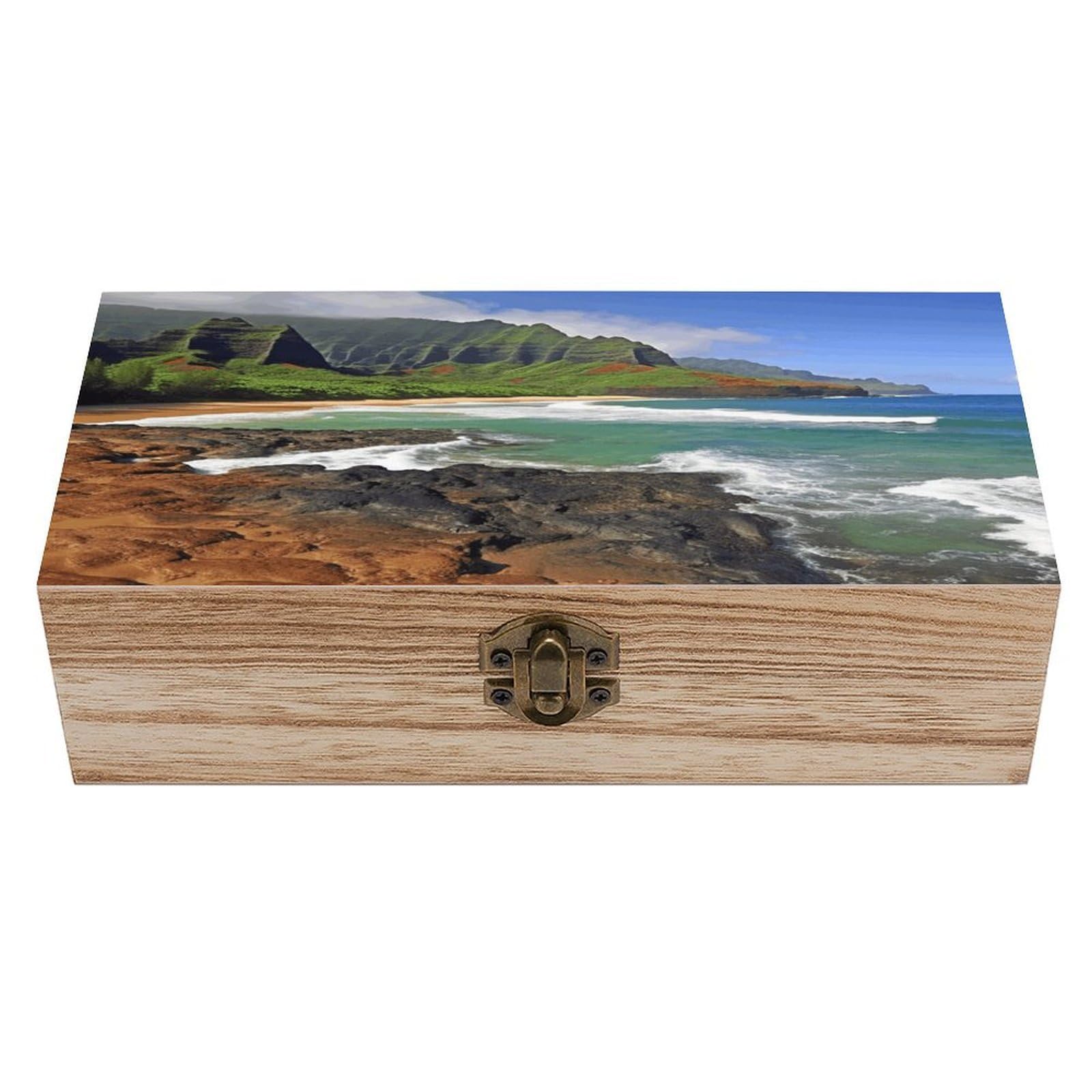 SMAZDFXX Wooden Box with Hinged Lid Vintage Storage Box Wood Keepsake Boxes | Kauai Hawaii Seashore Wooden Jewelry Box Jewelry Organizer for Men & Women