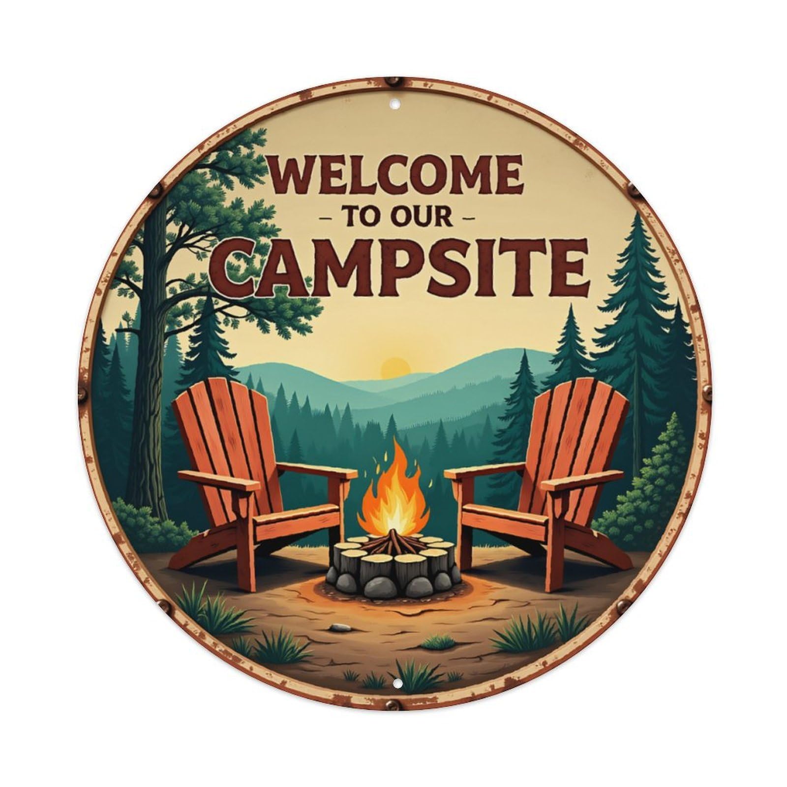 Welcome To Our Campsite Forest Campfire Vintage Round Vintage Aluminium Metal Sign, Retro Wall Decor for Home, Bar, Garage & Farmhouse 20x20cm