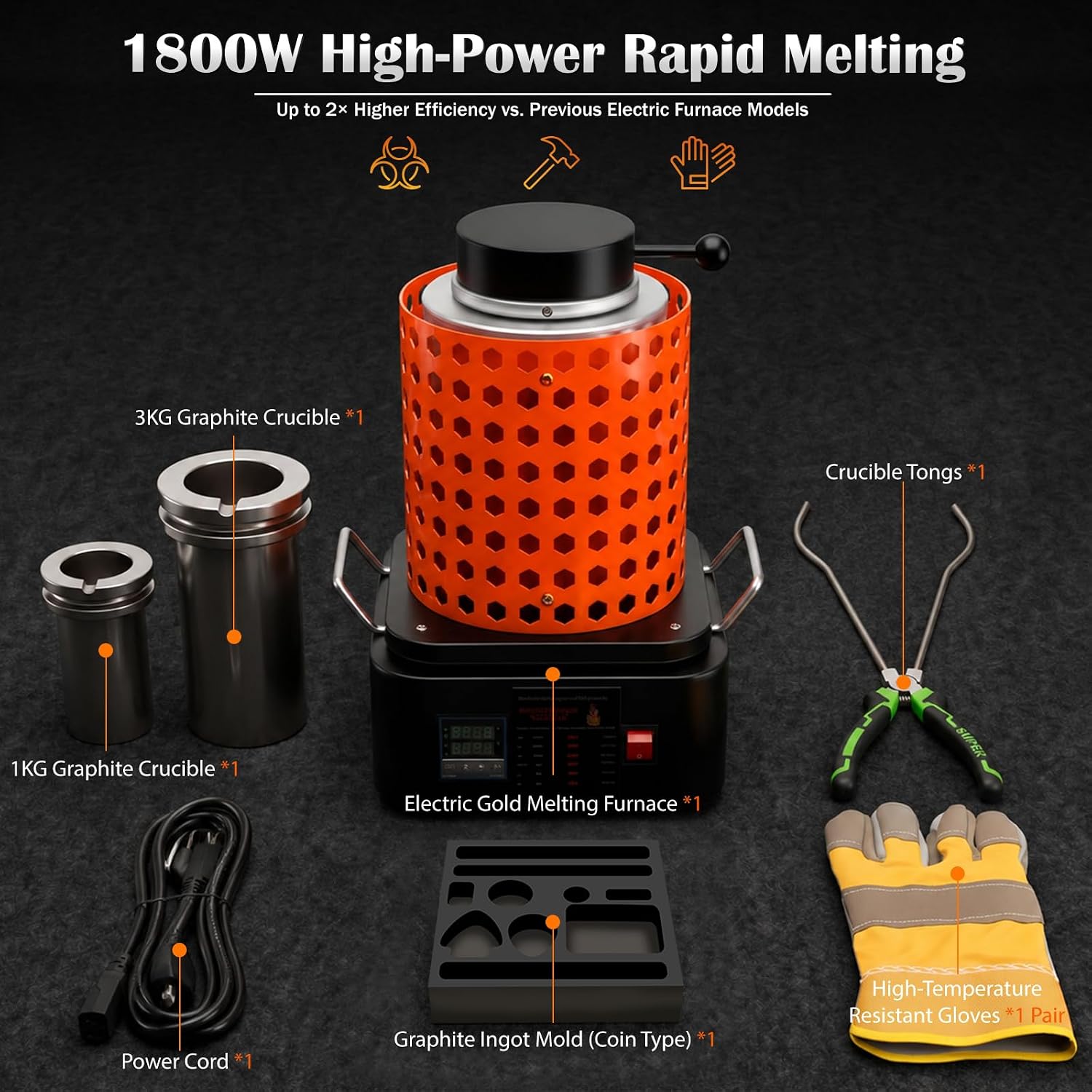 1 & 3KG Graphite Crucibles Smart Electric Melting Furnace, 1800 W 110 V Gold Melting Furnace Kit with PID Digital Electric Smelting Furnace for Gold Silver Copper Aluminum Jewelry & Hobby Foundry Kit