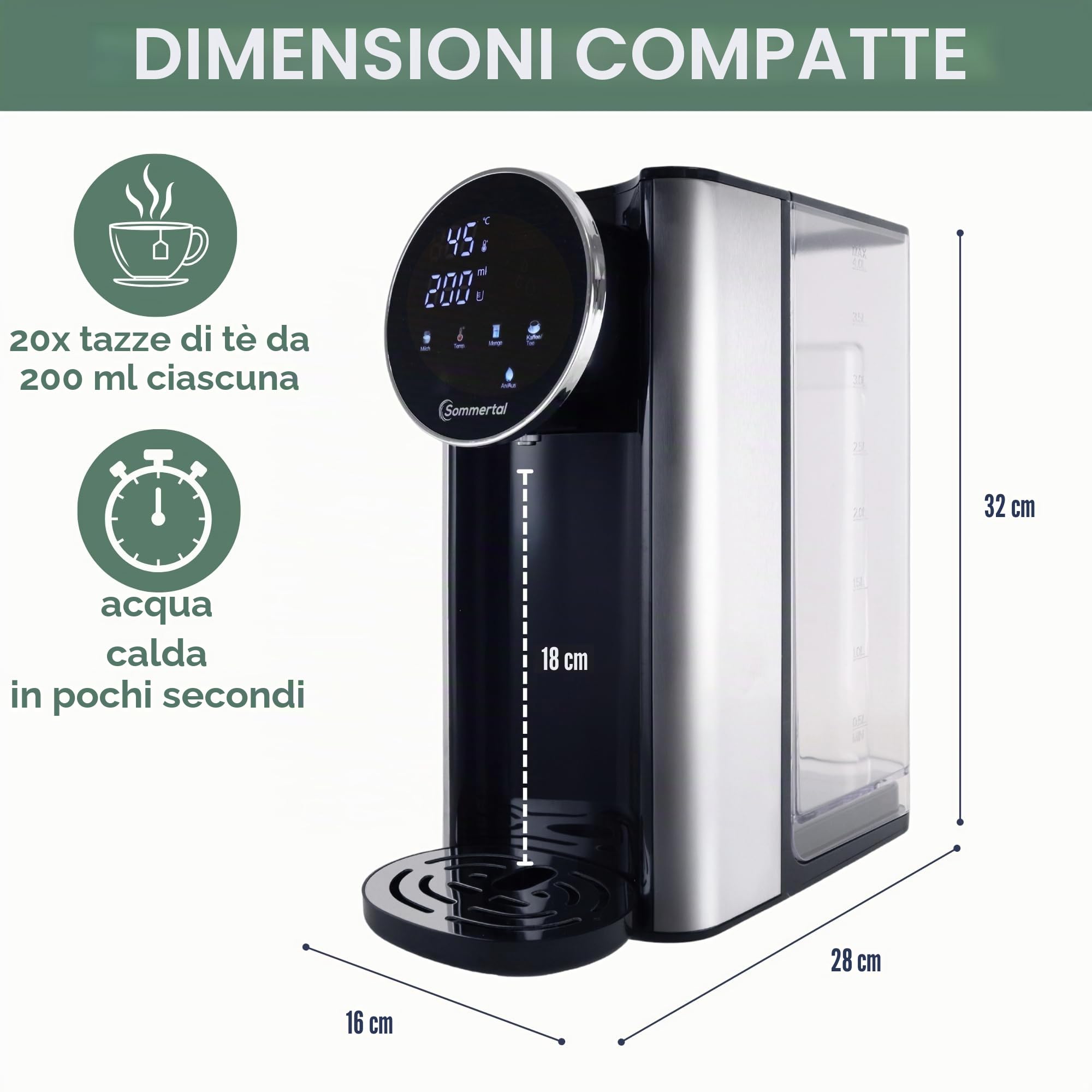 Sommertal HW400 - Dispenser di acqua calda Businessline, versione XXL con serbatoio da 4 l, acqua calda istantanea 45-100 °C, display touch, alimenti per bambini
