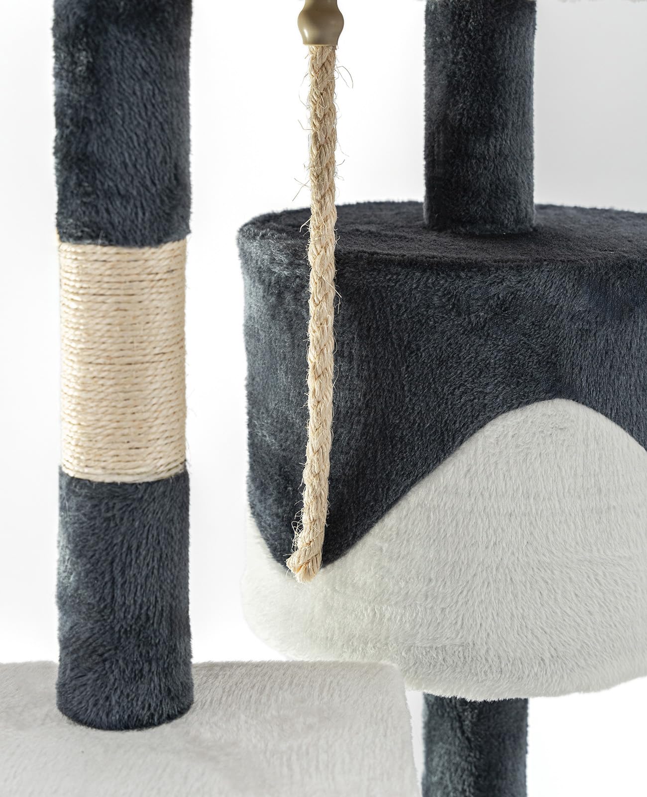 lionto Arbre à Chat avec 2 balles en Peluche & Corde de Jeu, Hauteur 112 cm, avec Corde en sisal & Peluche, Surface de Repos & Grotte, Support Mural Inclus, pour Petits & Grands Chats, Gris/Blanc
