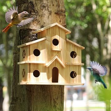 Bird Houses for Outside, 6-Holes Multi-Chamber Birdhouse for Finches Wrens Chickadees, 1.37" Entrance Holes, Decorative Outdoor Bird Nesting Box