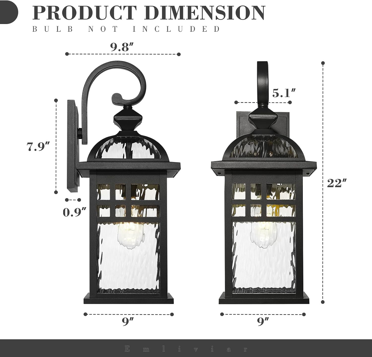 Emliviar Black Exterior Lighting Fixture, 22 Inch Farmhouse Outside Lights for House with Water Ripple Glass, DE281B-M BK-WP