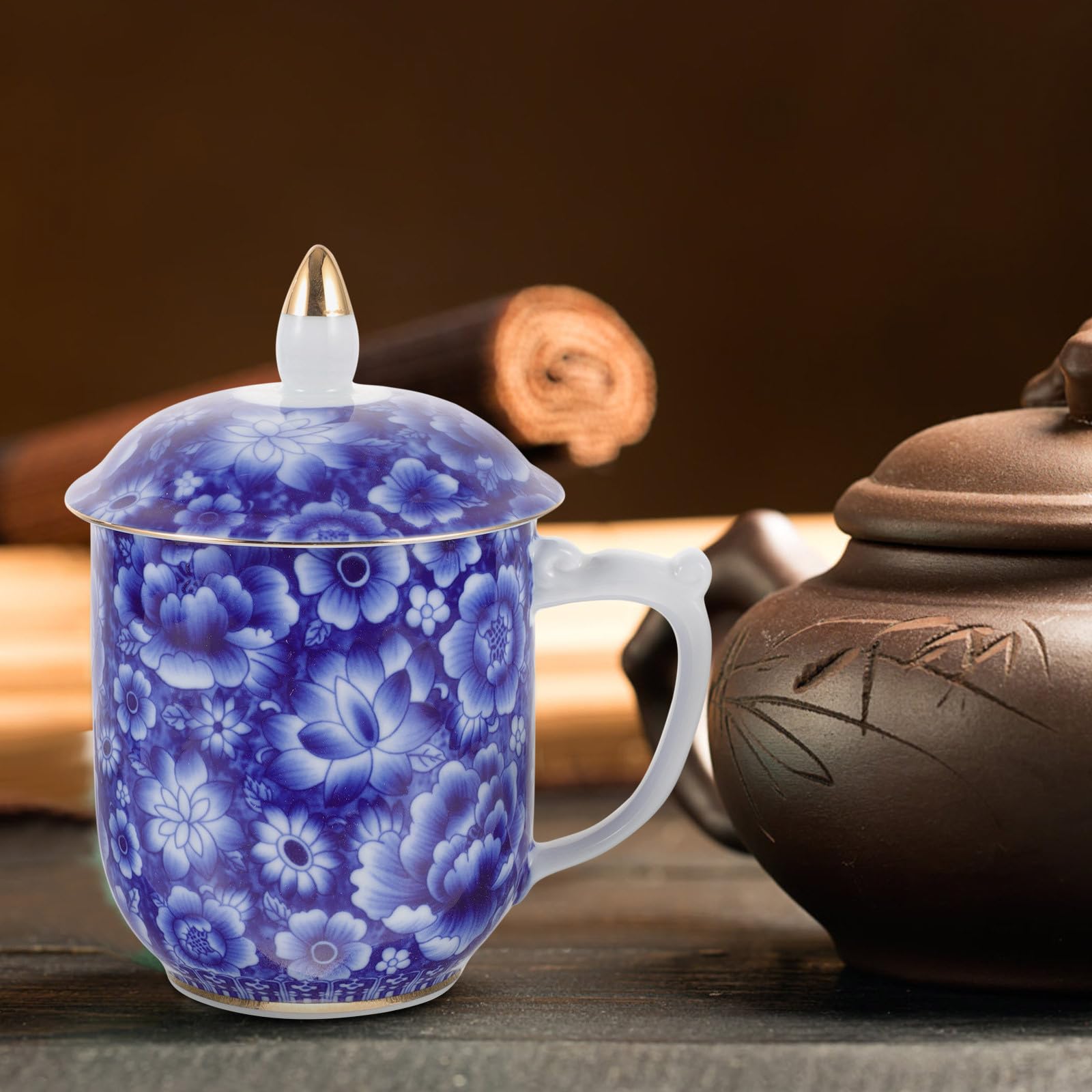 Vintage Teetasse mit Deckel aus Keramik Teebecher mit Feiner Verarbeitung und Angenehmem Griff für Büro und Täglichen Gebrauch