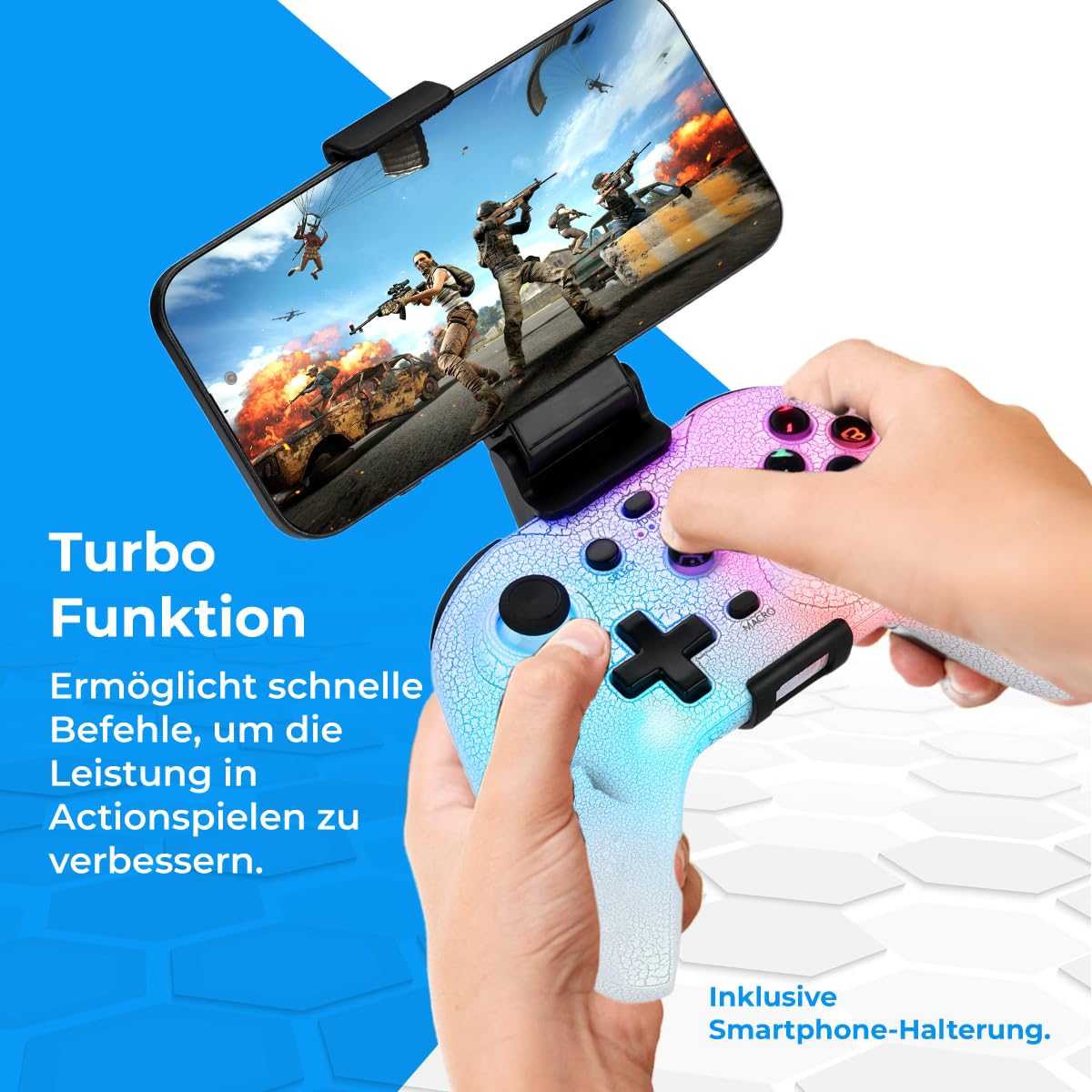 NK Kabellose Switch-Fernbedienung, RGB-LED, verstellbar, Switch/PC/Android/iOS, Turbo-Funktion, Makro-Einstellungen, Bluetooth, 6 Achsen, 4 Vibrationsmodi, Weiß (Smartphone-Halterung)