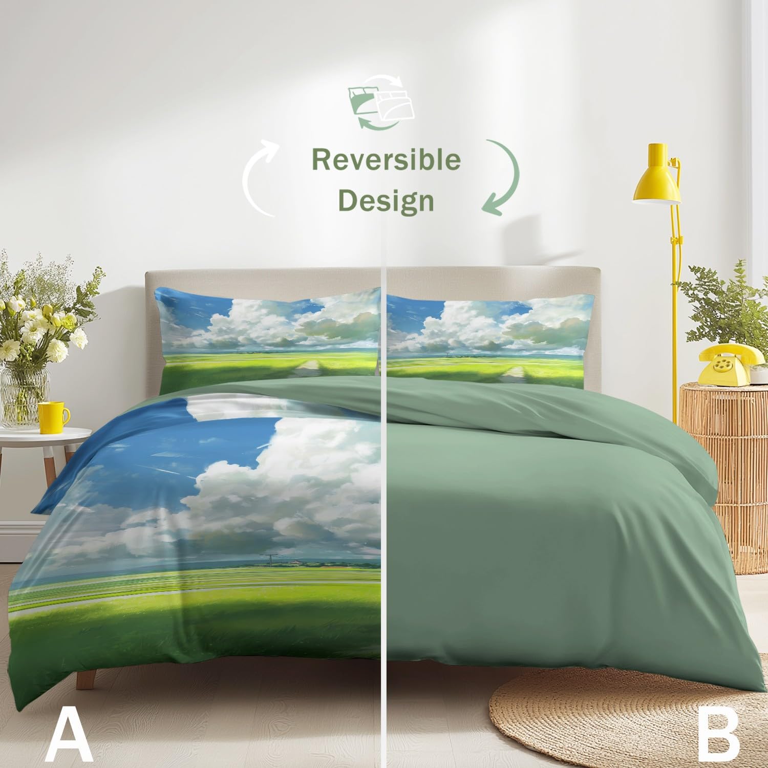 Bettwäsche 220 x 240 cm Mehrfarbig, Bettbezug Anime Cartoon Ruhig Natürlich Heilend Landschaft Felder Reversibel Atmungsaktiv Microfaser Bettwaren-Set für Kinderzimmer mit Reißverschluss