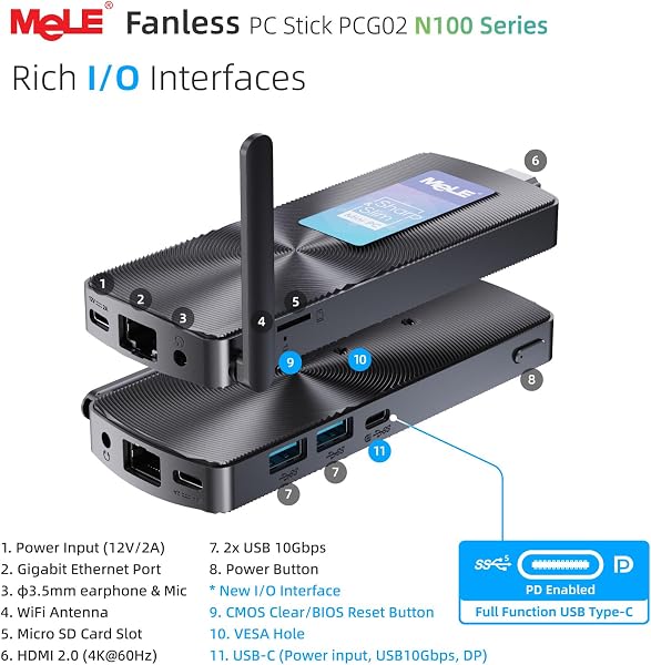 MeLE PCG02 Mini PC Stick with Windows 11 Pro, Fanless N100 PC 8GB RAM 256GB Storage, Micro Computer Desktop Full Functional USB-C, Wi-Fi5 Gigabit Ethernet BT5.1 on Business Office Industrial IoT Home - 5