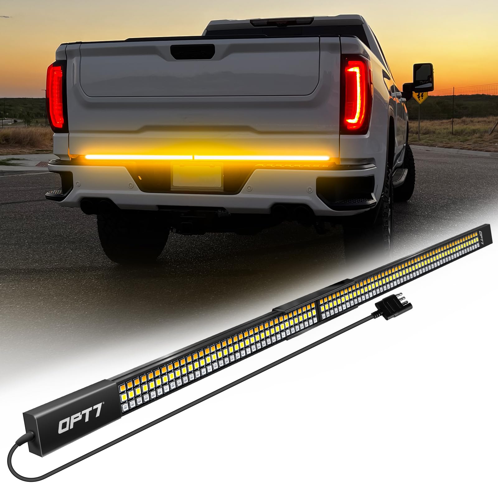 OPT7 Redline Parlux 60" Aluminum Truck Tailgate Light Bar w/Sequential Amber Turn - Rigid 2-Section Triple Row LED Strip, Dynamic Taillight w/Ignition
