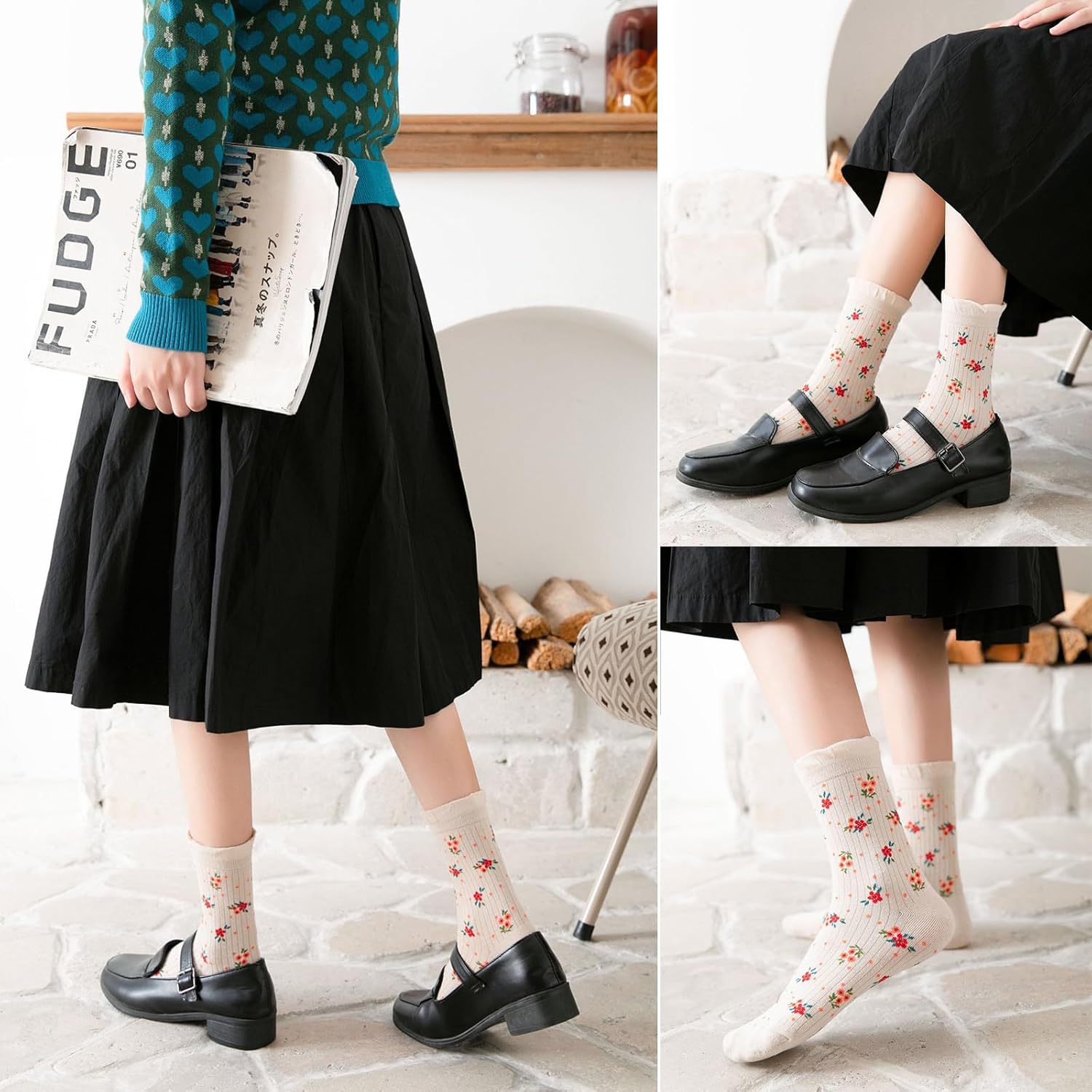 DXYAKY Women’s Floral Embroidered Crew Socks, 5 Pairs Vintage Novelty Ruffle Cotton Dress Socks, Elegant Breathable Cute Girl - Image 7