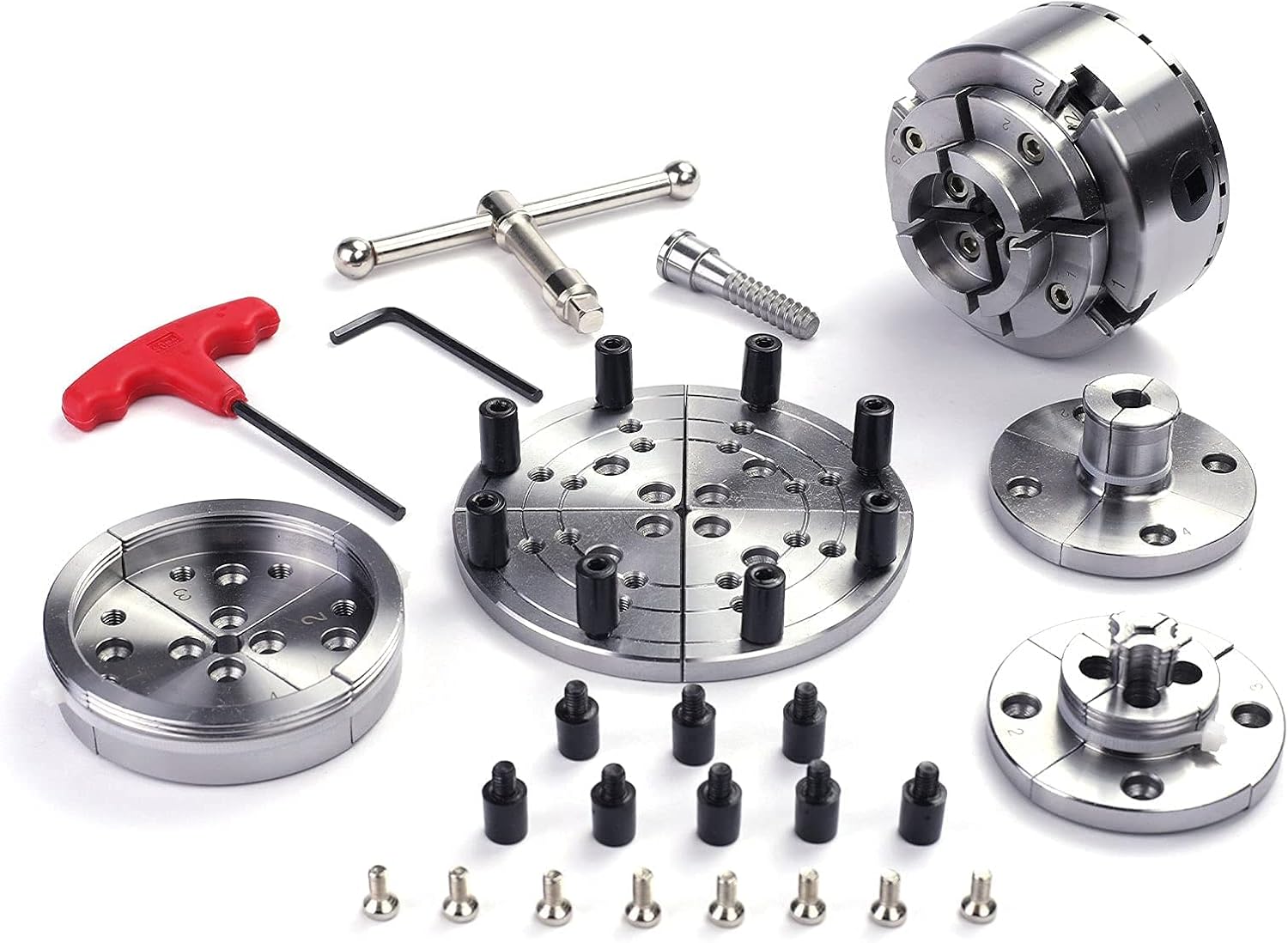 CKS375 Wood Lathe Chucks, 3.75" 4-Jaw Self-Centering Scroll Chuck with 1" x 8TPI Thread Woodworking Turning Tools Set Include(3.75 Gear Chuck,5 Interchangeable Jaws, 1 Wood Screw)