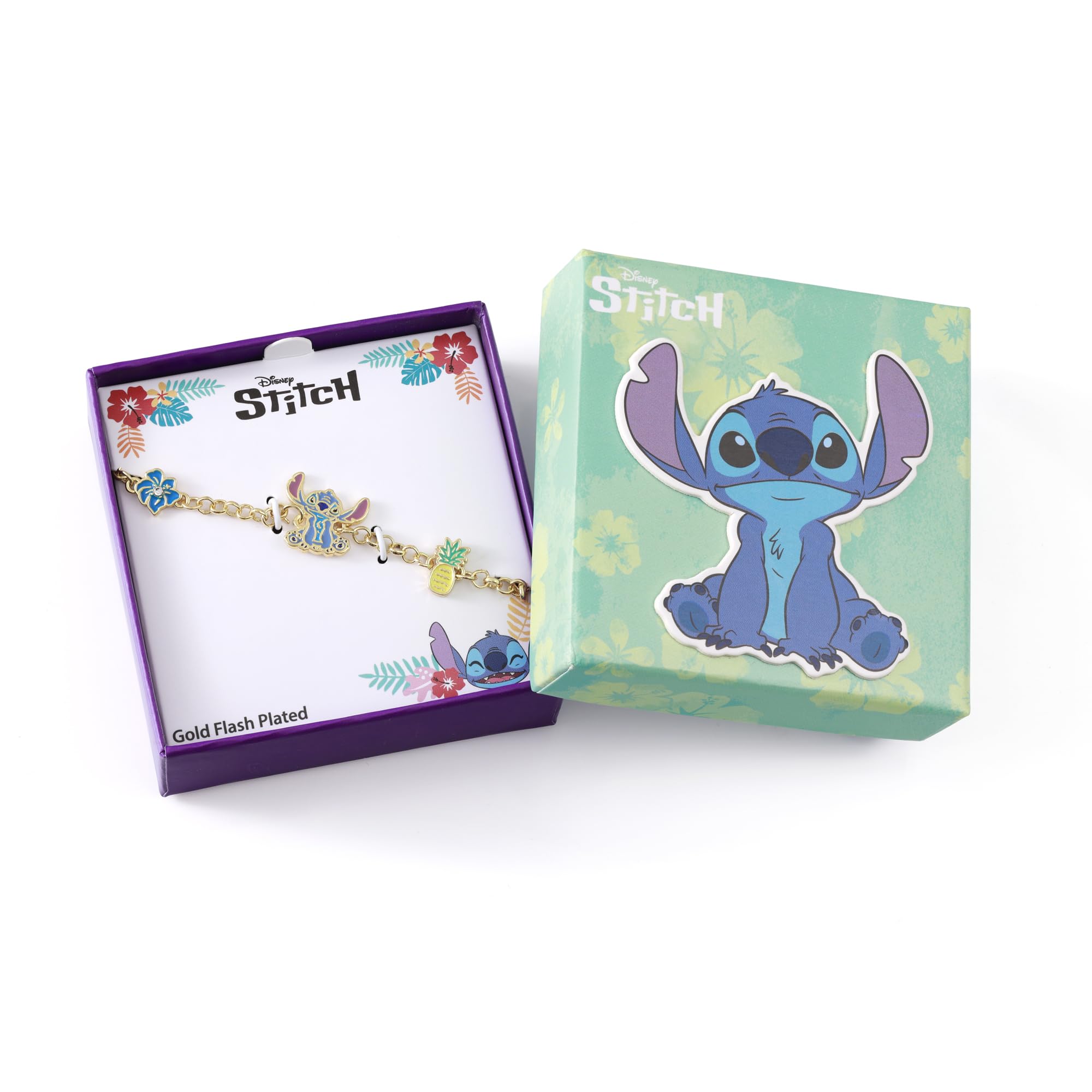 Disney Stitch Girls - Bracciale con catena regolabile placcato oro con ciondolo di piña e fiore