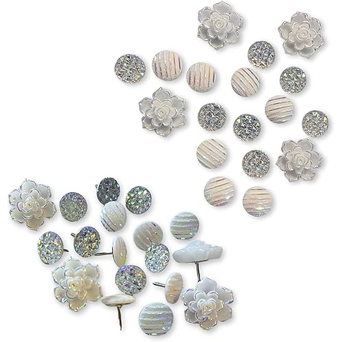 Celestial Bloom Push Pin Collection – 18 Decorative Floral & Druzy Thumbtacks for Cork Boards, Office Decor & Crafts (White)