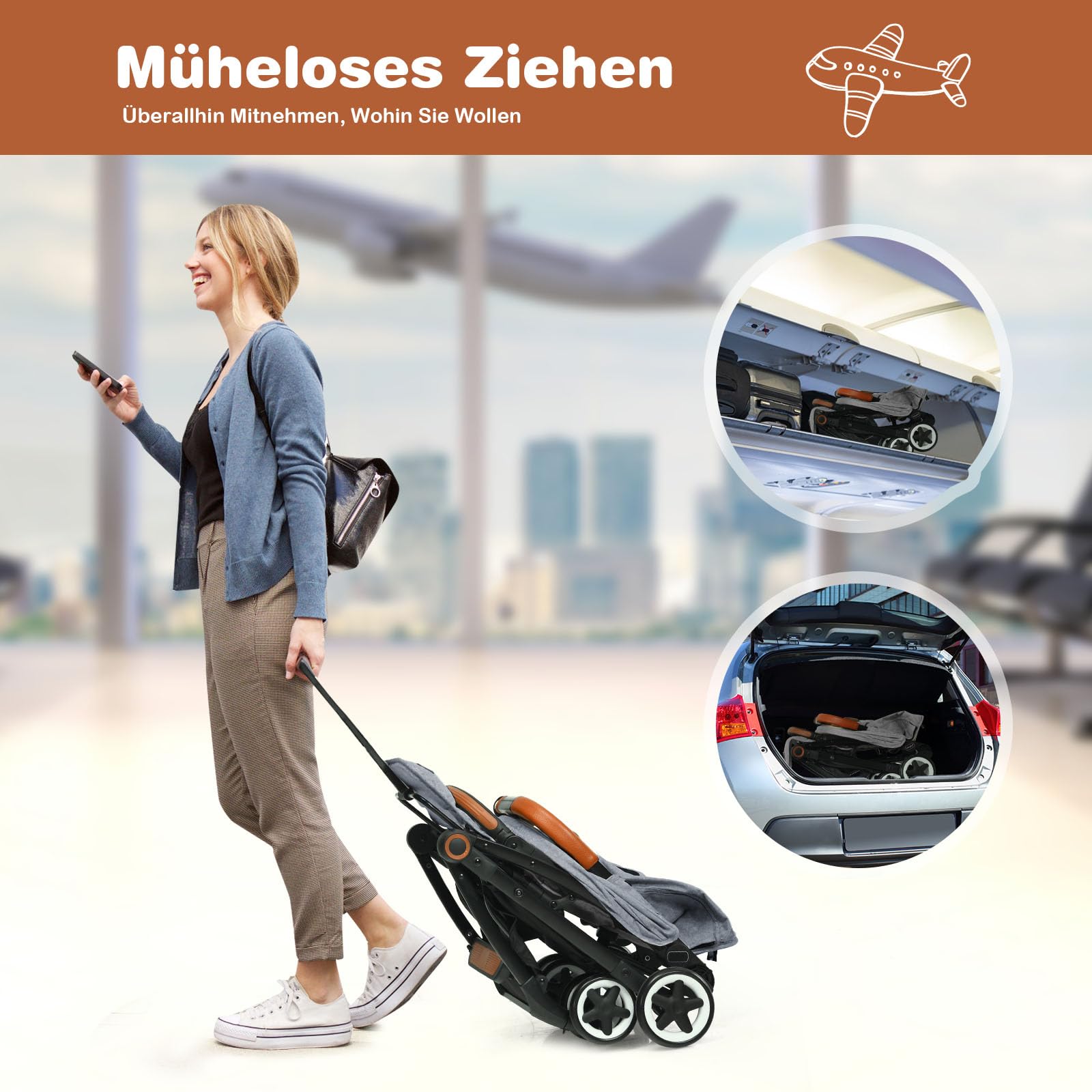 COSTWAY Kinderwagen Einhand Faltbar, Kinderbuggy mit verstellbare Rückenlehne & Verdeck, Reisebuggy mit Liegefunktion, Sicherheitsgurt für Baby bis 3 Jahren, 15 kg Belastbar (Grau)