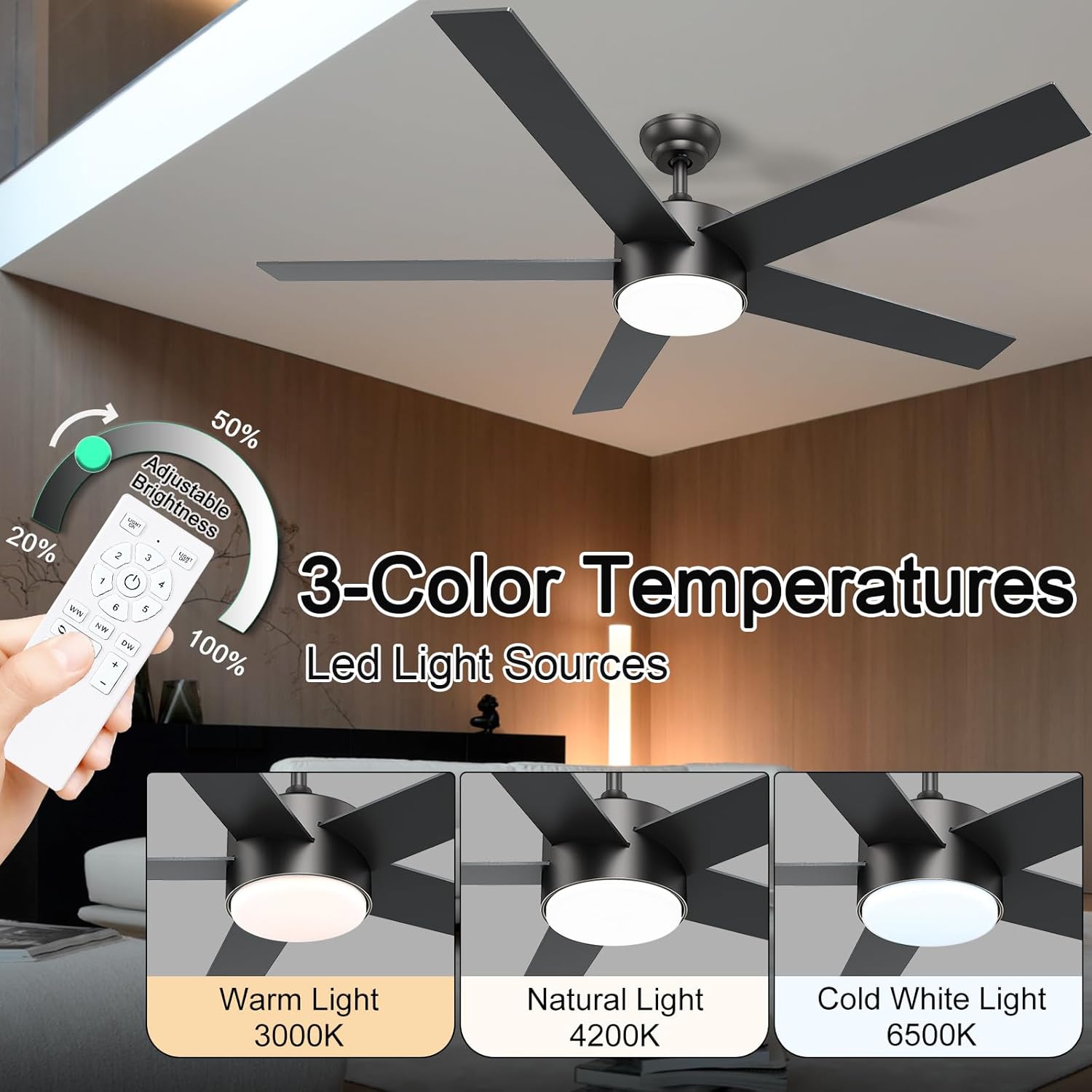 60 Inch Black Ceiling Fans with Lights and Remote Control, Quiet Modern Ceiling Fan for Bedroom,Living Room, Dining Room,Dimmable 3-Color Temperatures 6-Speed Black 60-inch