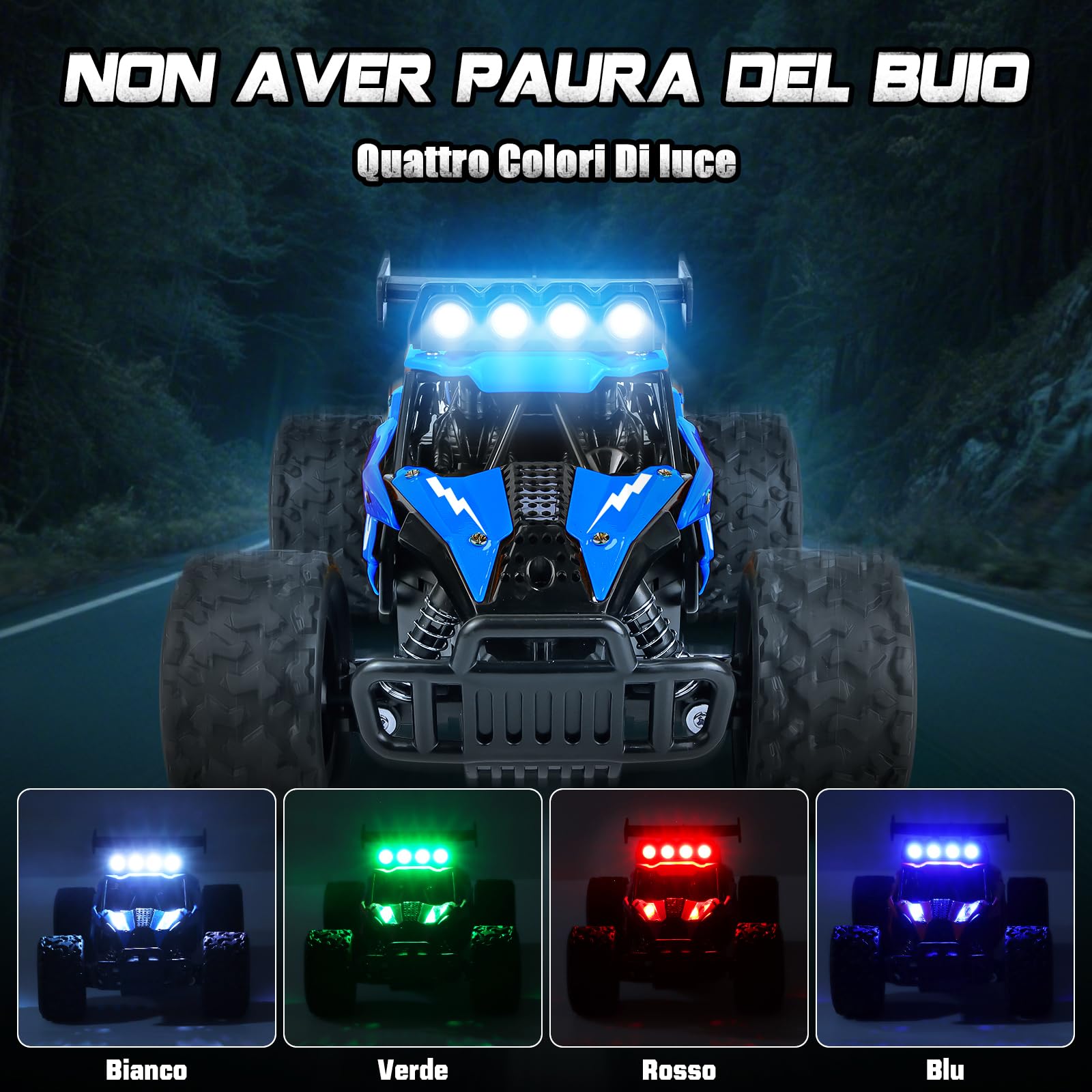 Joellfuner Macchina Telecomandata per Bambini, 2.4Ghz 1:16 Macchina Radiocomandata con Luce LED Quattro Colori, 20KM/H Monster Truck Telecomandato con marce alte e basse per bambini 3+ anni (Blu)
