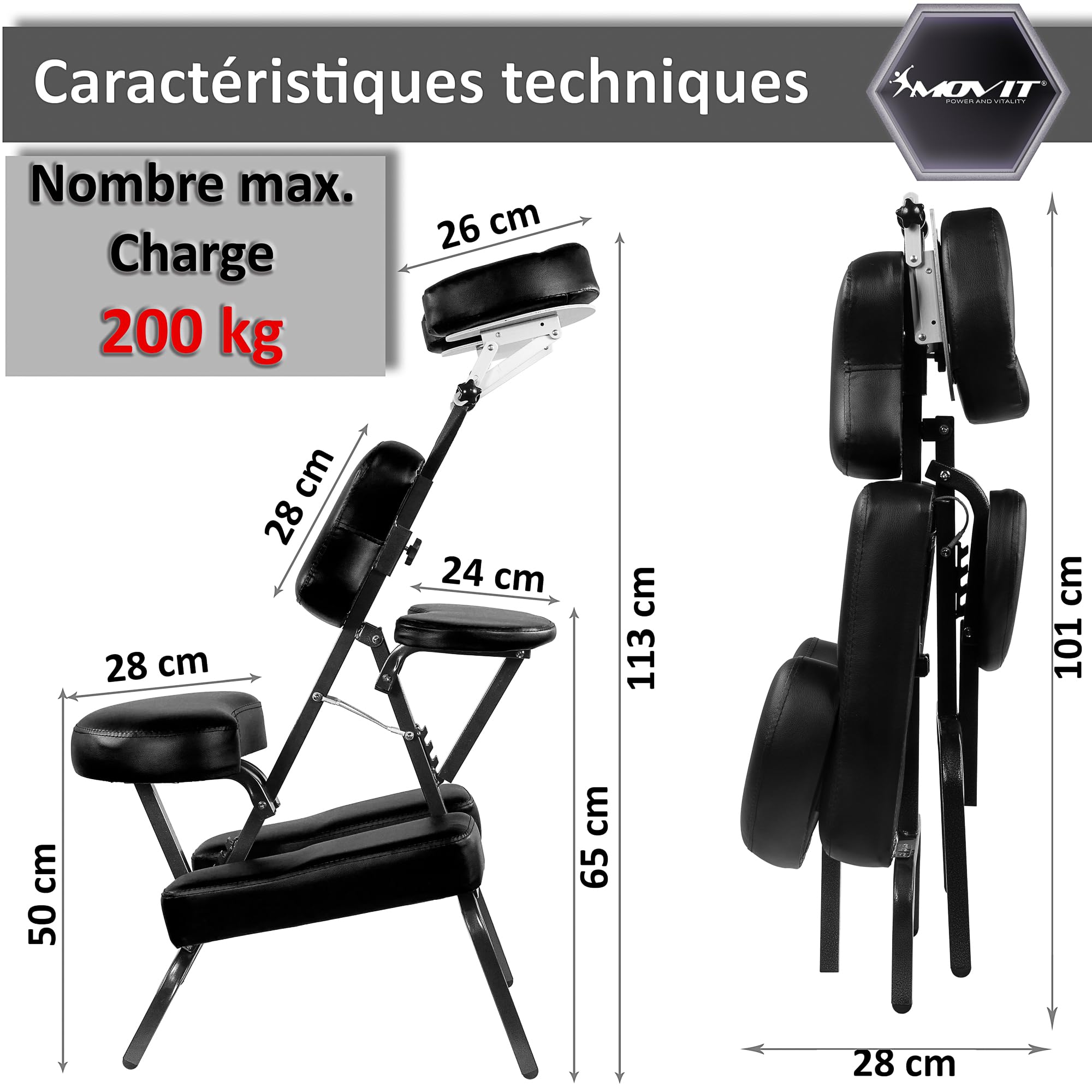 MOVIT Chaise de Massage Pliante/Chaise de Tatouage avec Sac, supporte jusqu'à 200 kg, Choix de Couleurs, Noir