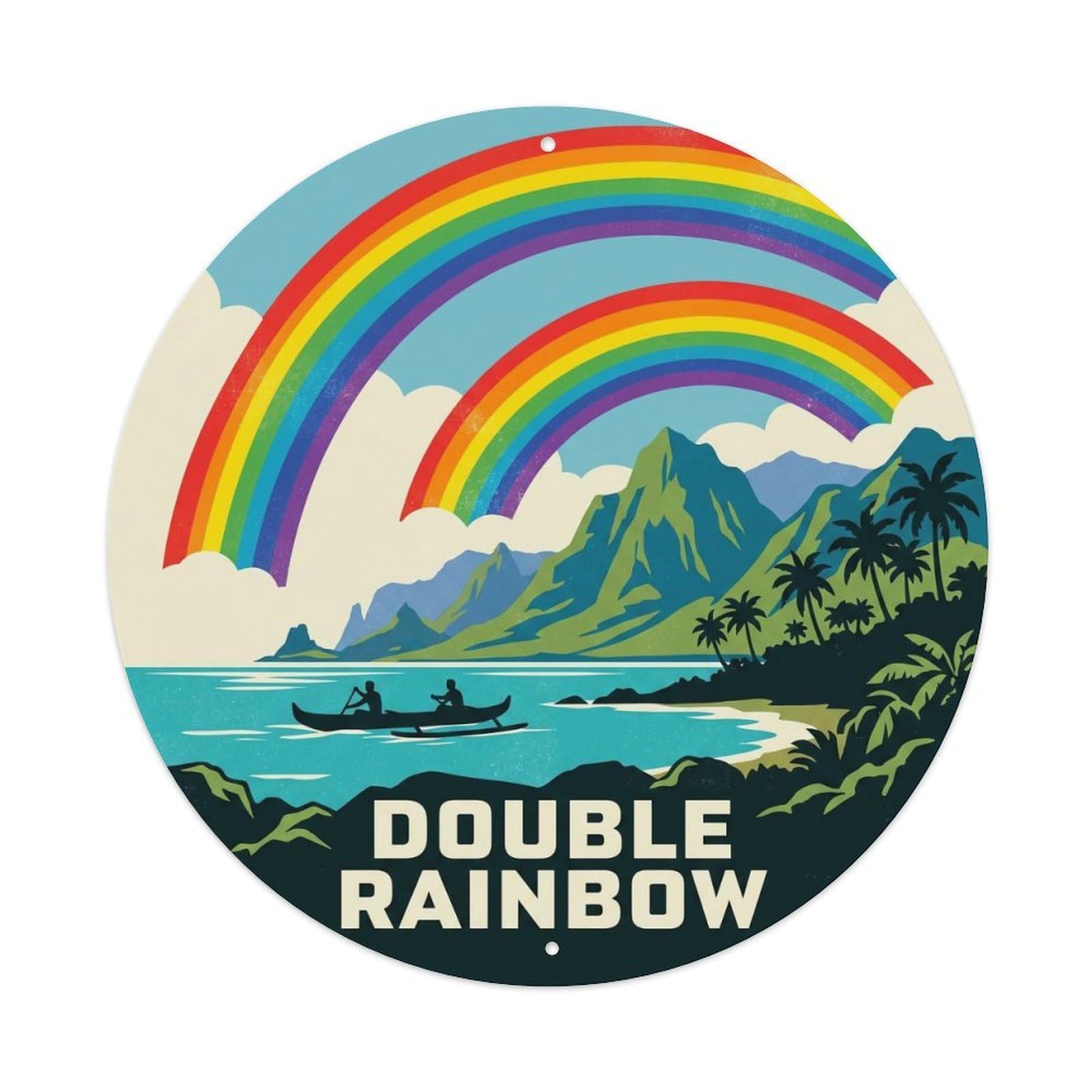 Hawaii Double Rainbow Volcanic Island Sky Coastal Metal Tin Sign