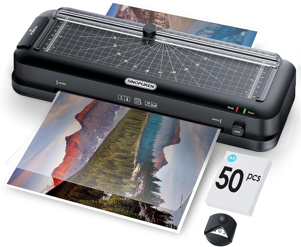 Teacher Laminator Kit, 5-in-1 Laminator with Built-in Paper Trimmer, Hole Punch & Corner Rounder, 50 Laminating Pouches, Fast 3-Min Warm-Up, Jam-Free for Teacher or Craft