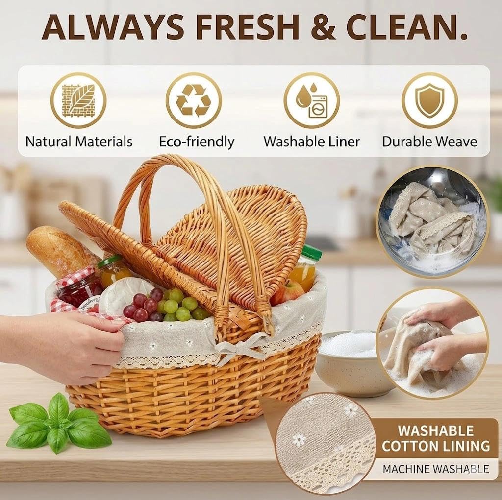 Cestino da picnic in vimini con coperchio, cestino per la spesa intrecciato con manico e fodera, per raccogliere verdure, campeggio, picnic (fiore bianco)
