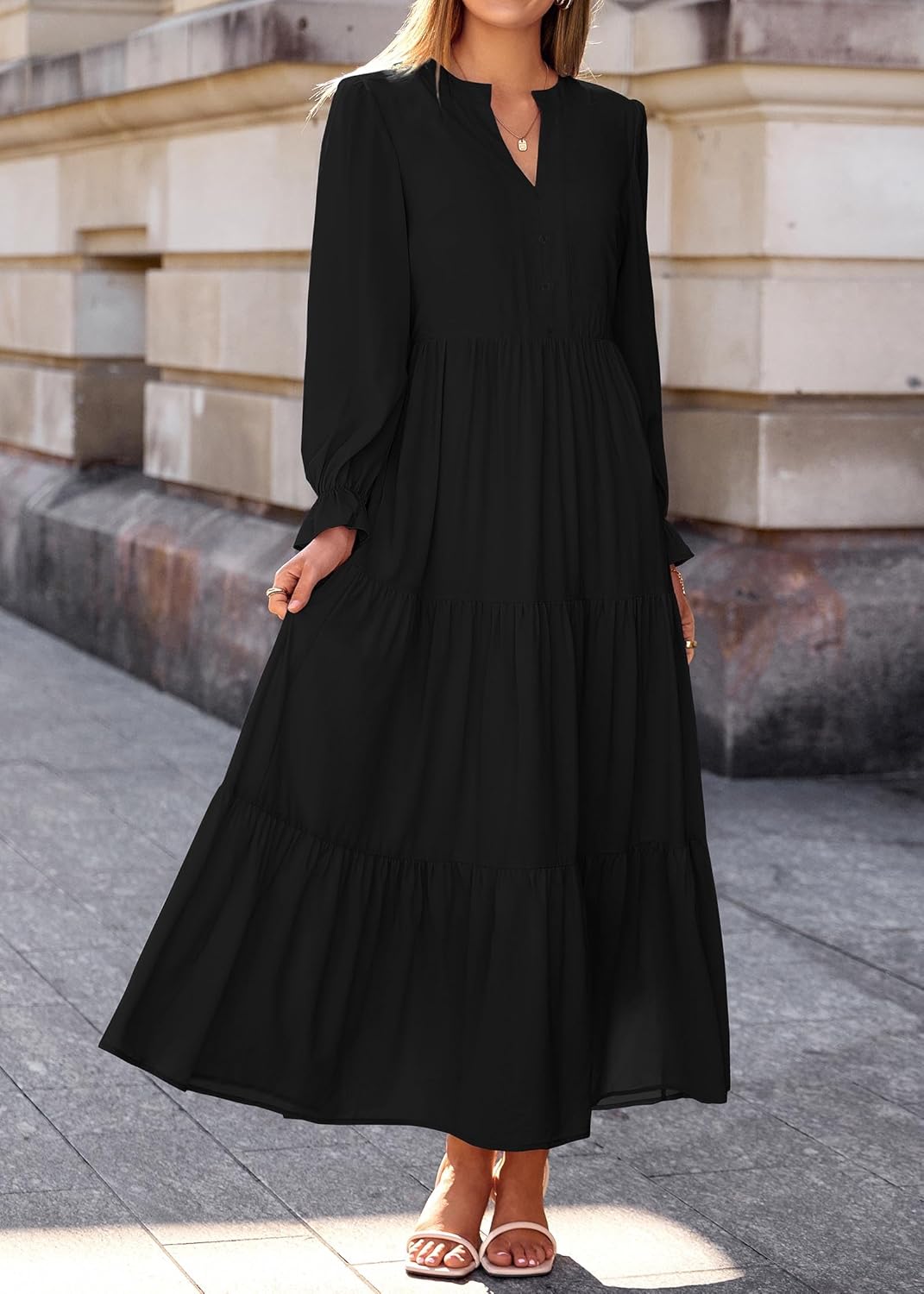 Lazysmile Dresses for Women 2025 Fall Long Sleeve V Neck Button Down A-Line Flowy Casual Boho Maxi Dress with Pockets - Image 6