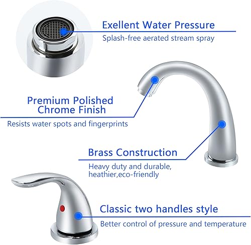 Miniatura 7 de SKOWLL Grifo de baño generalizado de 3 agujeros para montaje en cubierta, grifo de lavabo de 2 manijas, cromo pulido