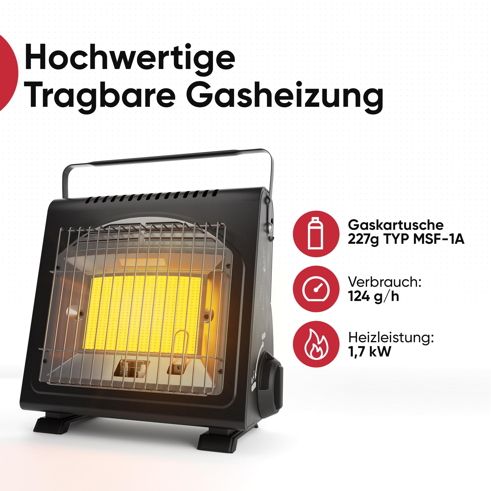 EVOCAMP Tragbare Gasheizung, Camping Heizung 1,7 kW, multifunktionale Keramikheizung, perfekte Gasheizung für den Outdoor-Einsatz mit ODS (Sauerstoffmangelsicherung), Heizstrahler, Zeltheizung