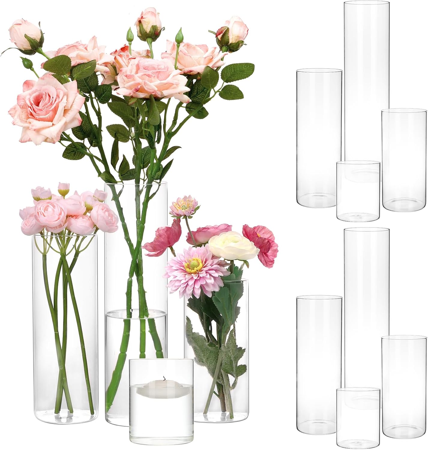 CEWOR 12pcs Glass Cylinder Vase 4, 6.8, 9, 12 Inch Glass Candle Holder Clear Vases for Centerpieces Tall Flower Vase for Wedding Home Decor Party 4 Different Sizes 12 PACK(4, 6.8, 9, 12)