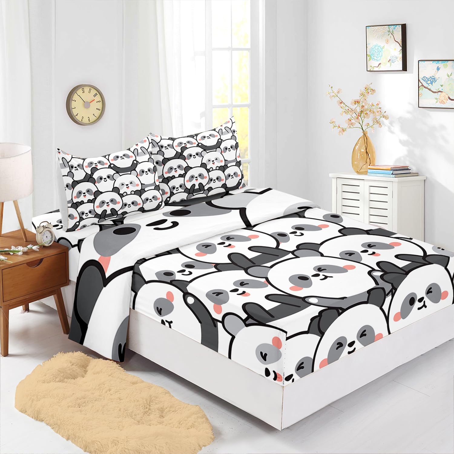 XYNHML Cartoon Panda Bedding Animal Themed Set - Queen Size, 4 Pcs - Bear Pattern Bedding with 1 Flat Sheet, 1 Fitted Sheet & 2 Pillowcases