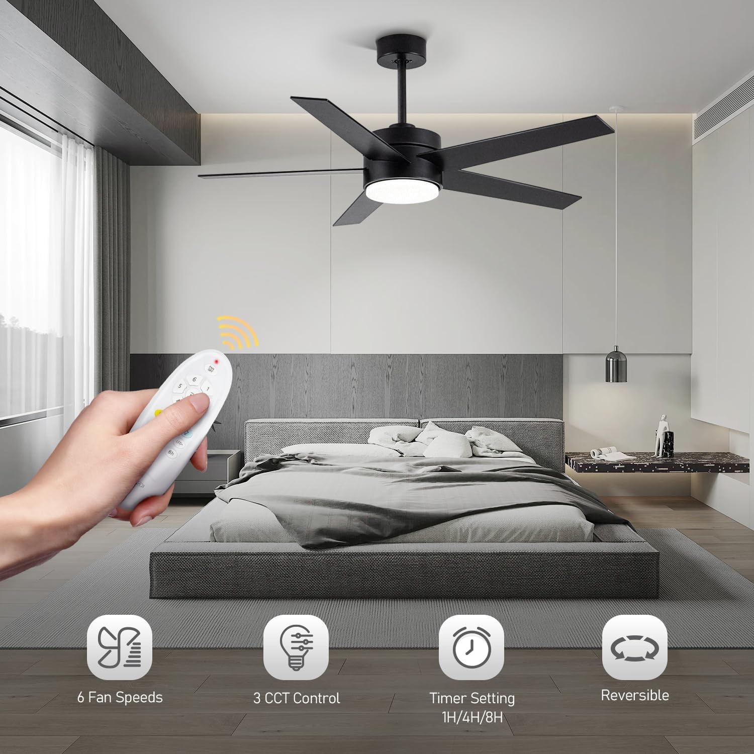 Socket Fan Light with Remote, (Black, 52'') Black 52''