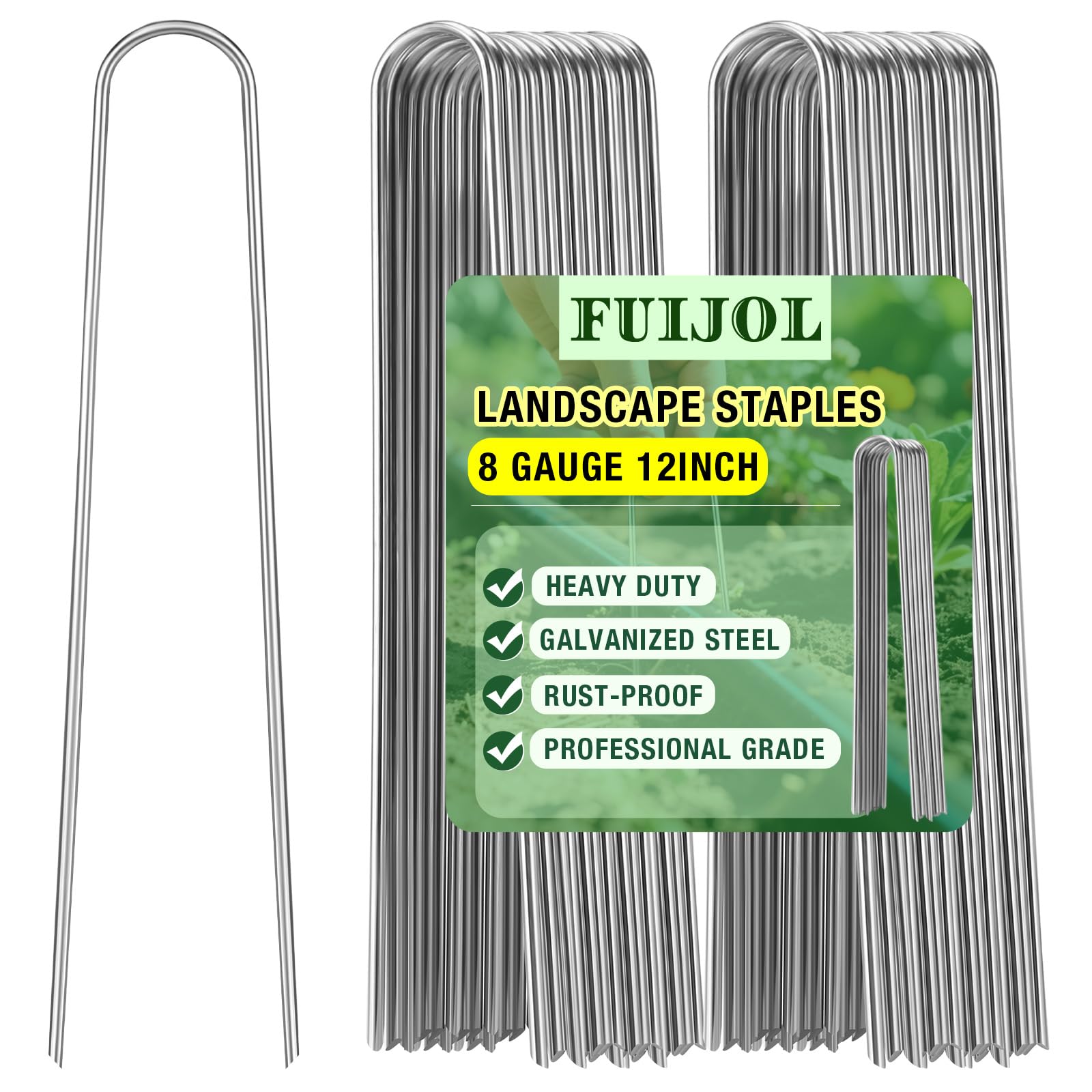 FUIJOL - Confezione da 50 graffette da giardino zincate a forma di U, 30,5 cm, per barriera contro le erbacce, copertura del terreno, tubi di irrigazione, recinzione (50)