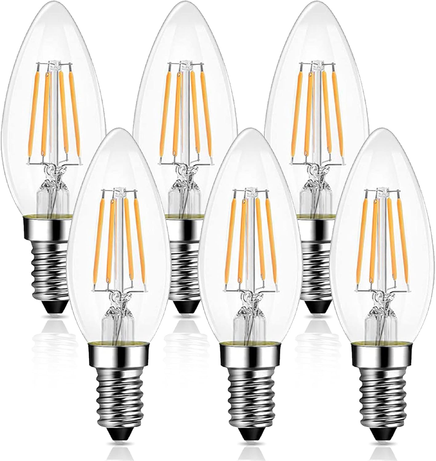 Levidon E14 LED Candle Light Bulbs, Small Edison Screw (SES) 2700K Warm White Clear Filament - Pack of 6