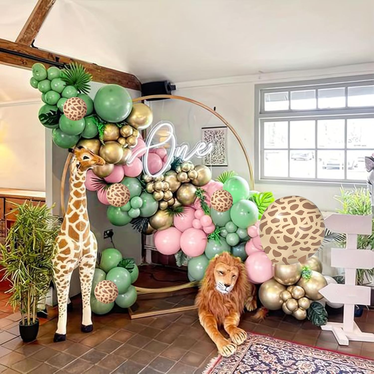 Pink Wild One Balloon Arch with Backdrop 59x40 Inch for Wild One Birthday Decoration, Safari Jungle Balloons Garland Arch Kit Giraffe Pink Sage Green Balloons of First 1st Birthday Decorations Girl
