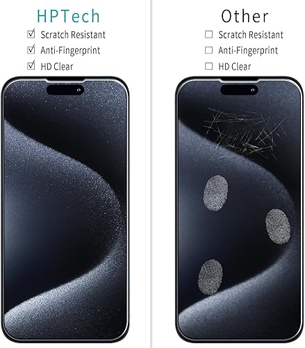 Miniatura 2 de HPTech - Protector de pantalla para iPhone 15 Pro de vidrio templado de 6.1 pulgadas, dureza 9H, fácil de instalar, sin burbujas (paquete de 2)
