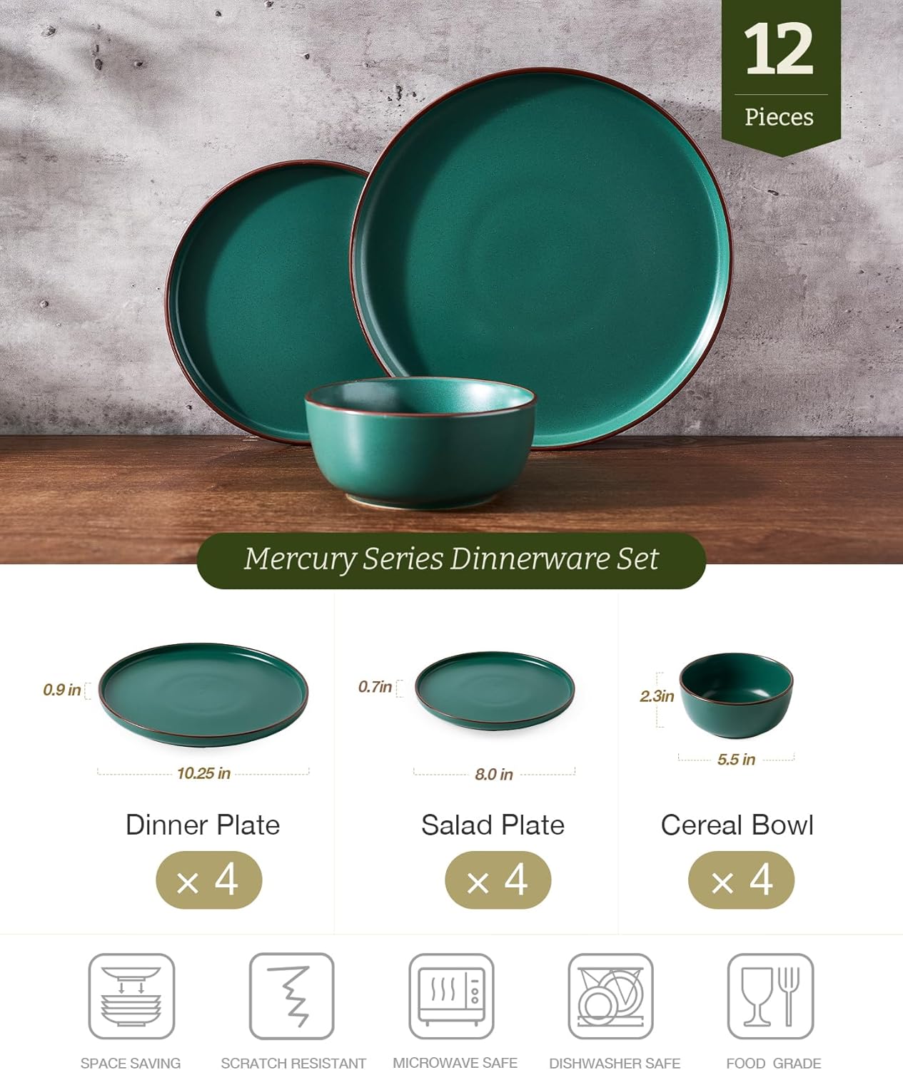 Famiware Mercury Plates and Bowls Sets, 12 Pieces Stoneware Dinnerware Sets, Dishes Set for 4, Microwave and Dishwasher Safe, Dark Green - Image 2