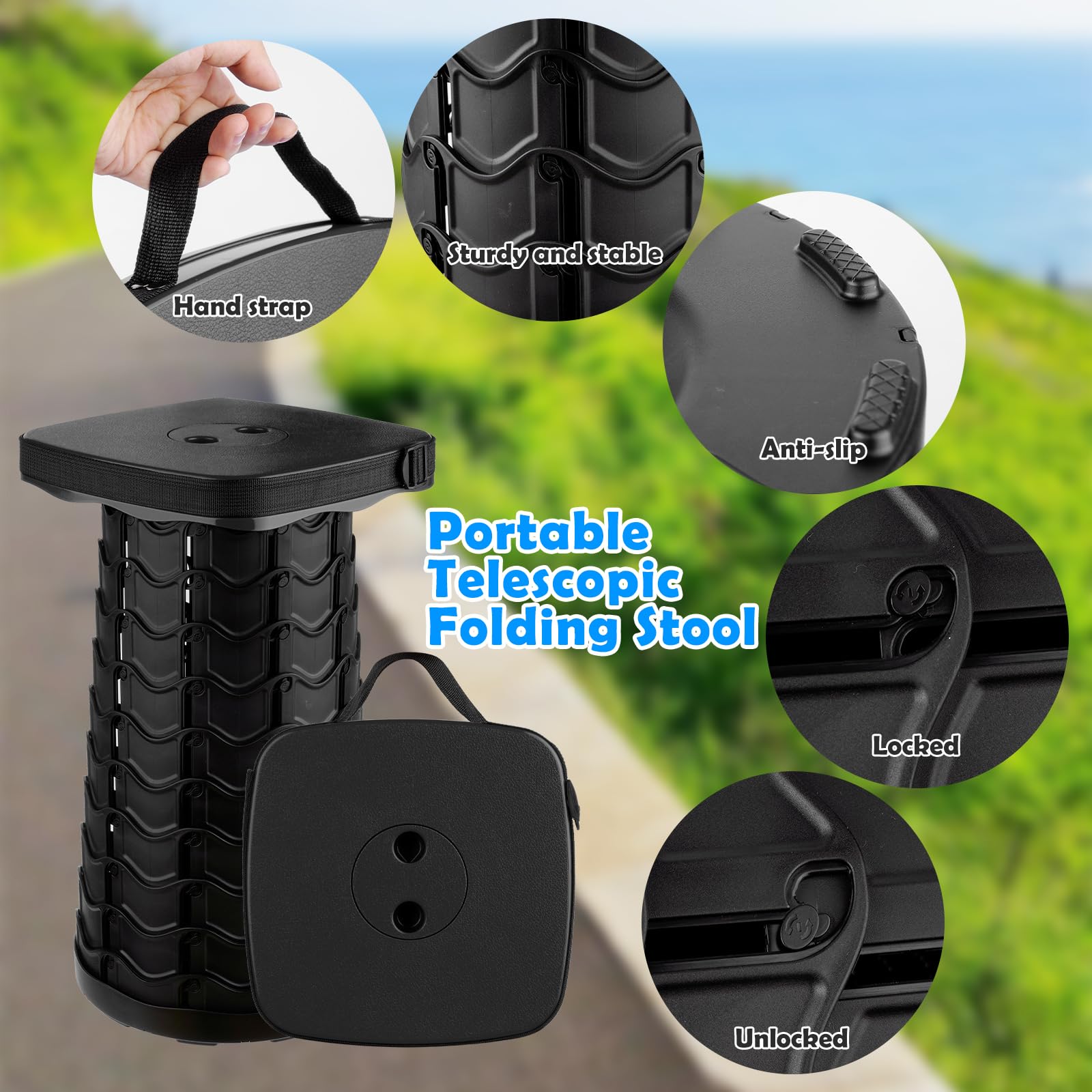 Sgabello Pieghevole Portatile, Sgabello Telescopico, Sedie da Campeggio Telescopico per Esterno, Pesca, Barbecue, Viaggi, Feste, Giardino, Carico 220 kg/485 lbs, Nero