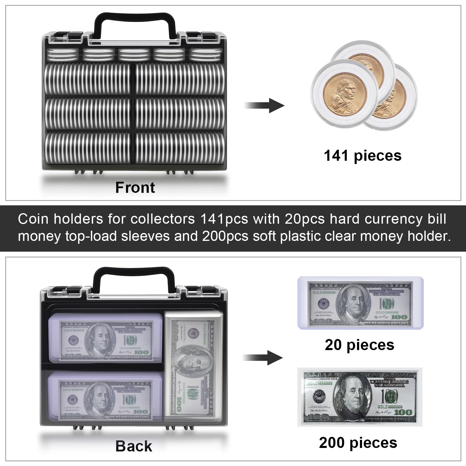 Coin Collector Case Holder with 141 pcs Capsules with Foam Gaskets & 220 Dollar Bill Sleeve - All-in-One Coin Collection Supplies Storage Organizer Box for Secure Coin and Paper Money Display- Black