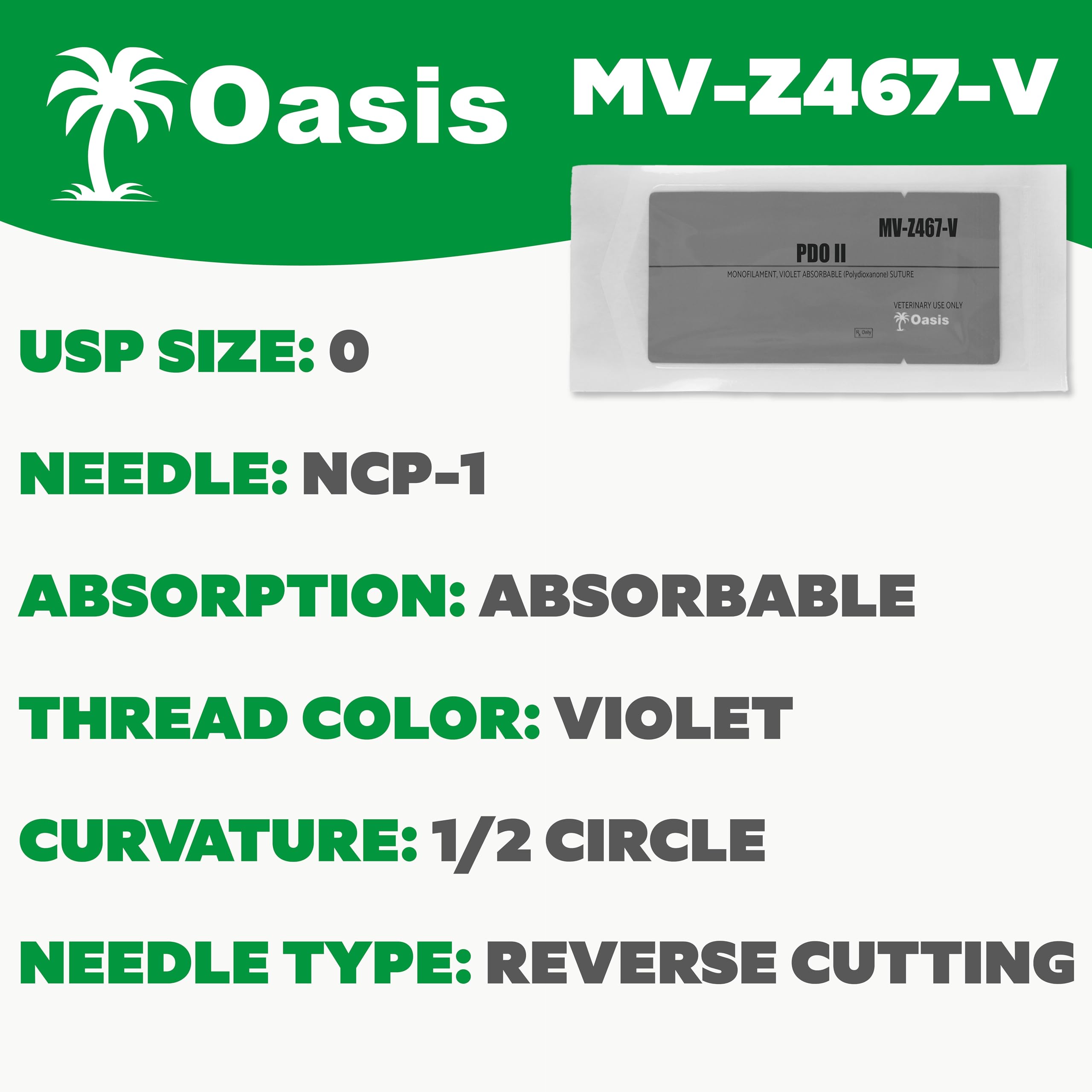 Oasis PGA Surgical Suture - Absorbable Braided Suture, 1/2 Circle 37mm Reverse Cutting Needle, 75cm, For Veterinary Use