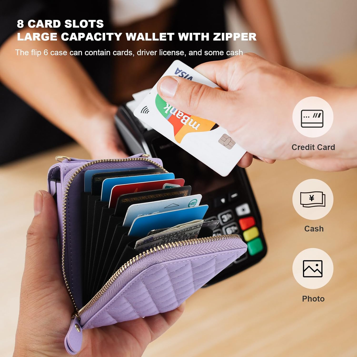 KIHUWEY for Samsung Galaxy Z Flip 6 Wallet Case, Crossbody Zipper Purse with Credit Card Slot Holder RFID Blocking PU Leather Adjustable Lanyard Detachable Strap Wrist for Women（Purple