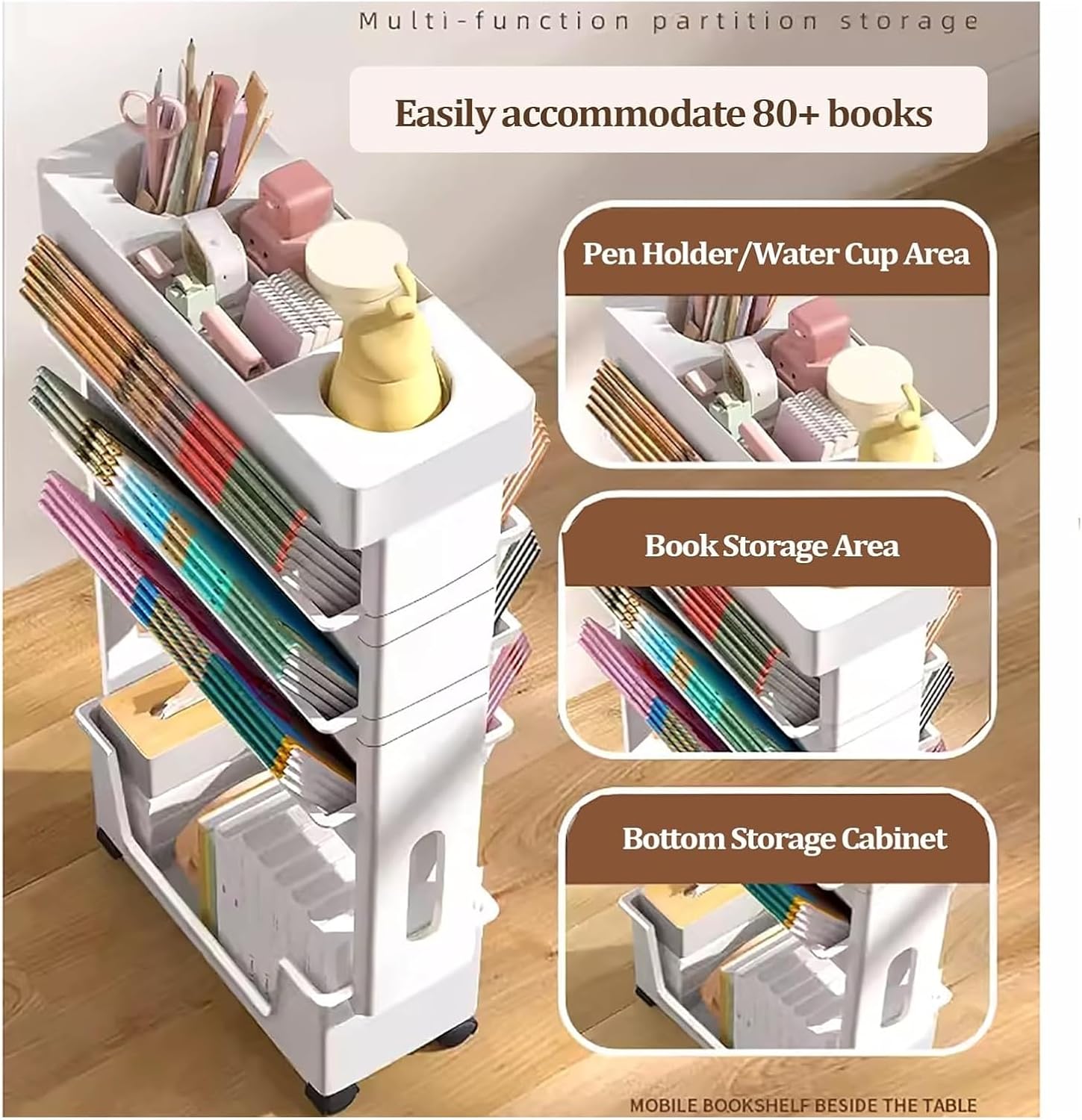 Book cartMobile Bookshelf,Mobile Bookshelf with Wheels, Rolling Bookshelf Cart with Wheels 5-Tier Movable Bookshelf and Desk Side Cart for Office Dorm Classroom, (Color : Yellow)