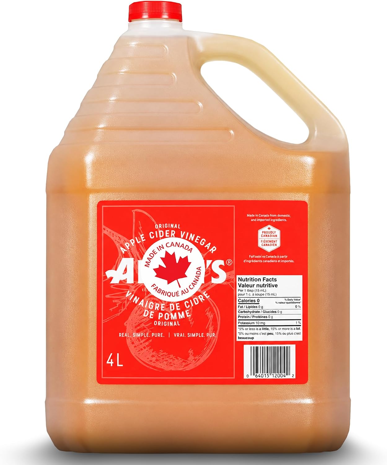Apple Cider Vinegar 4 L – Large Plastic Jug with Handle and Resealable Cap – Cider Vinegar for Cooking, Marinades, Salad Dressings, Sauces and Pantry Use