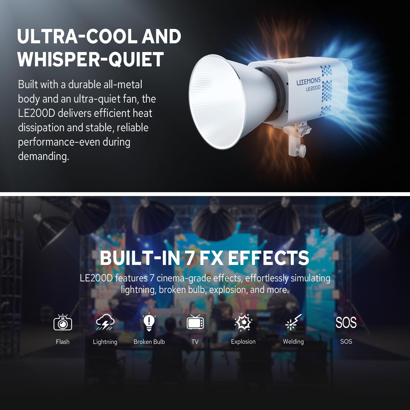 Godox Litemons LE200D Lampe LED 200W 5600K, CRI 96+ TLCI 97+, Monture Bowens, Lumière Studio Projecteurs, Compact Puissant pour Photographie, Vidéo, Streaming, Interview