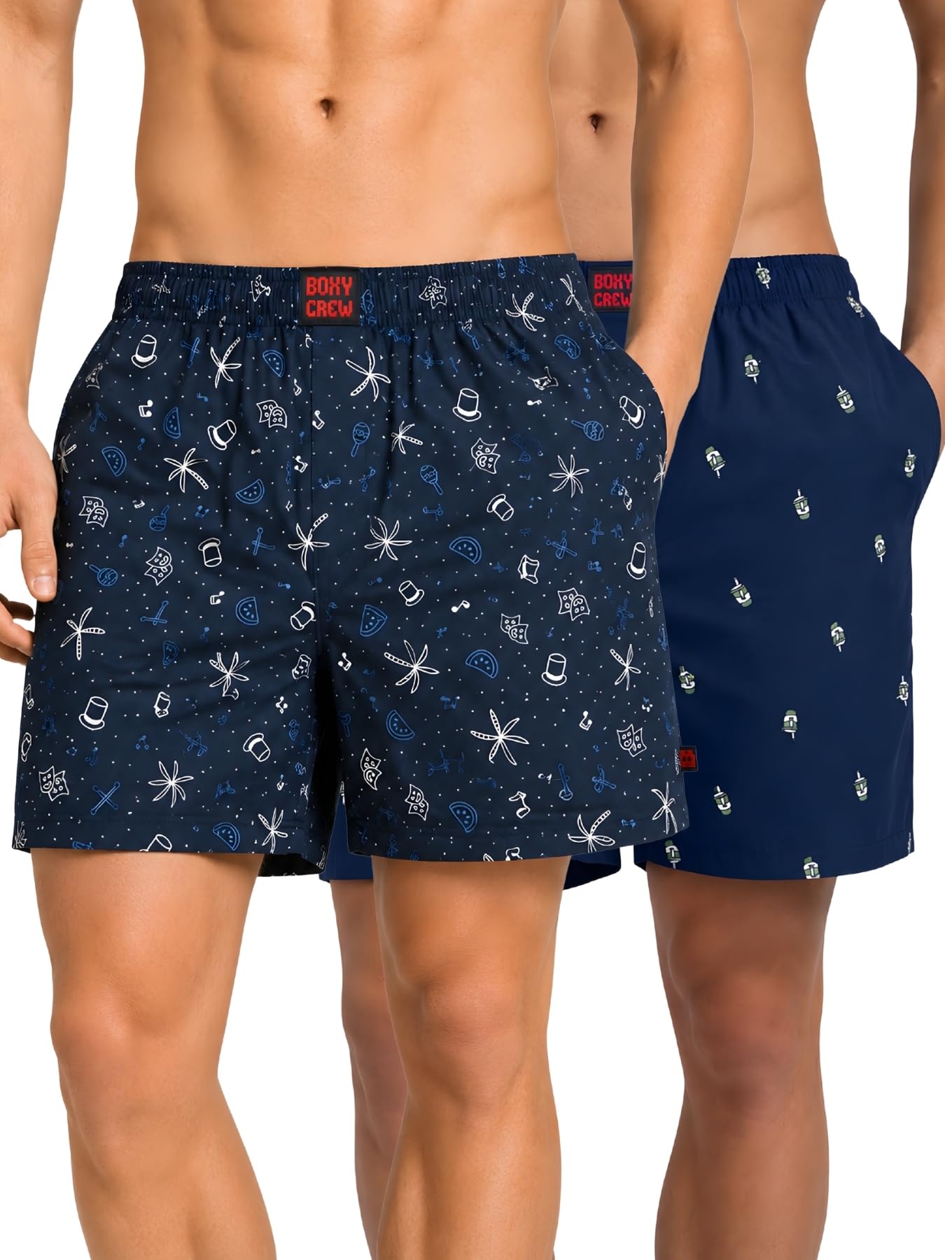 Men Boxer Shorts Pack of 2, 100% Cotton Woven Boxers, Dark Blue Combo, Printed Designs, Dual Side Pockets, No-Marks Inner Elastic Waistband, Relaxed Fit Lounge & Sleep Shorts-image-29