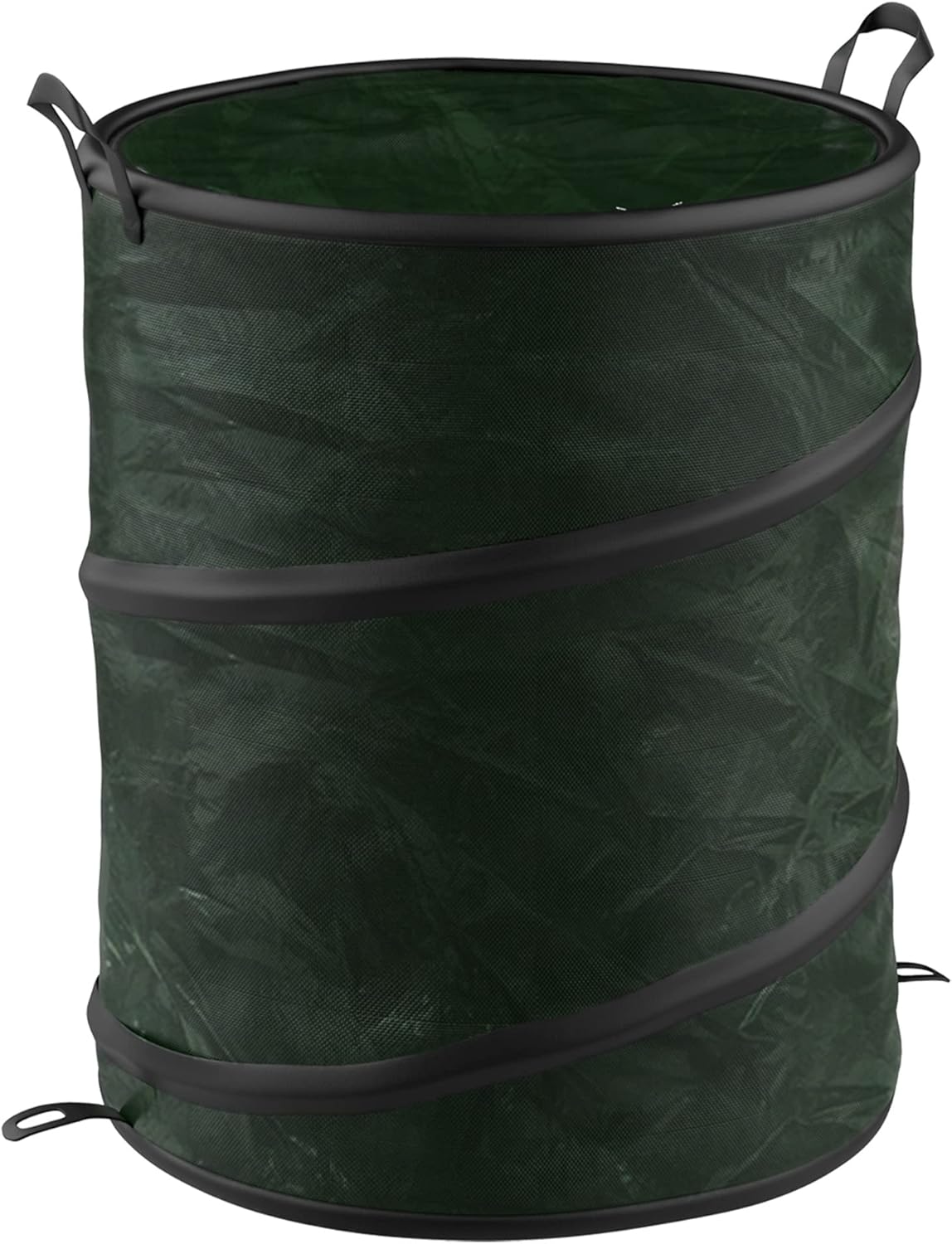 Expanded green collapsible trash can with handles.
