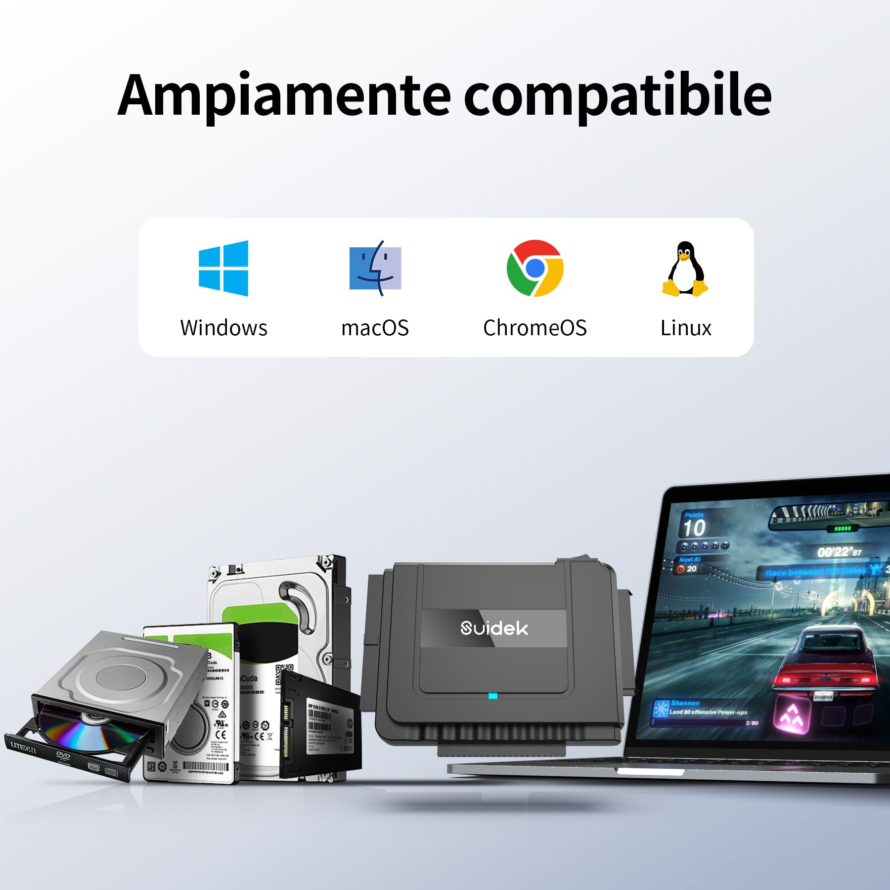 SUIDEK Adattatore da USB C a SATA IDE, adattatore per disco rigido IDE esterno per disco rigido universale da 2,5/3,5 pollici HDD/SSD, kit convertitore SATA con adattatore di alimentazione 12V/2A